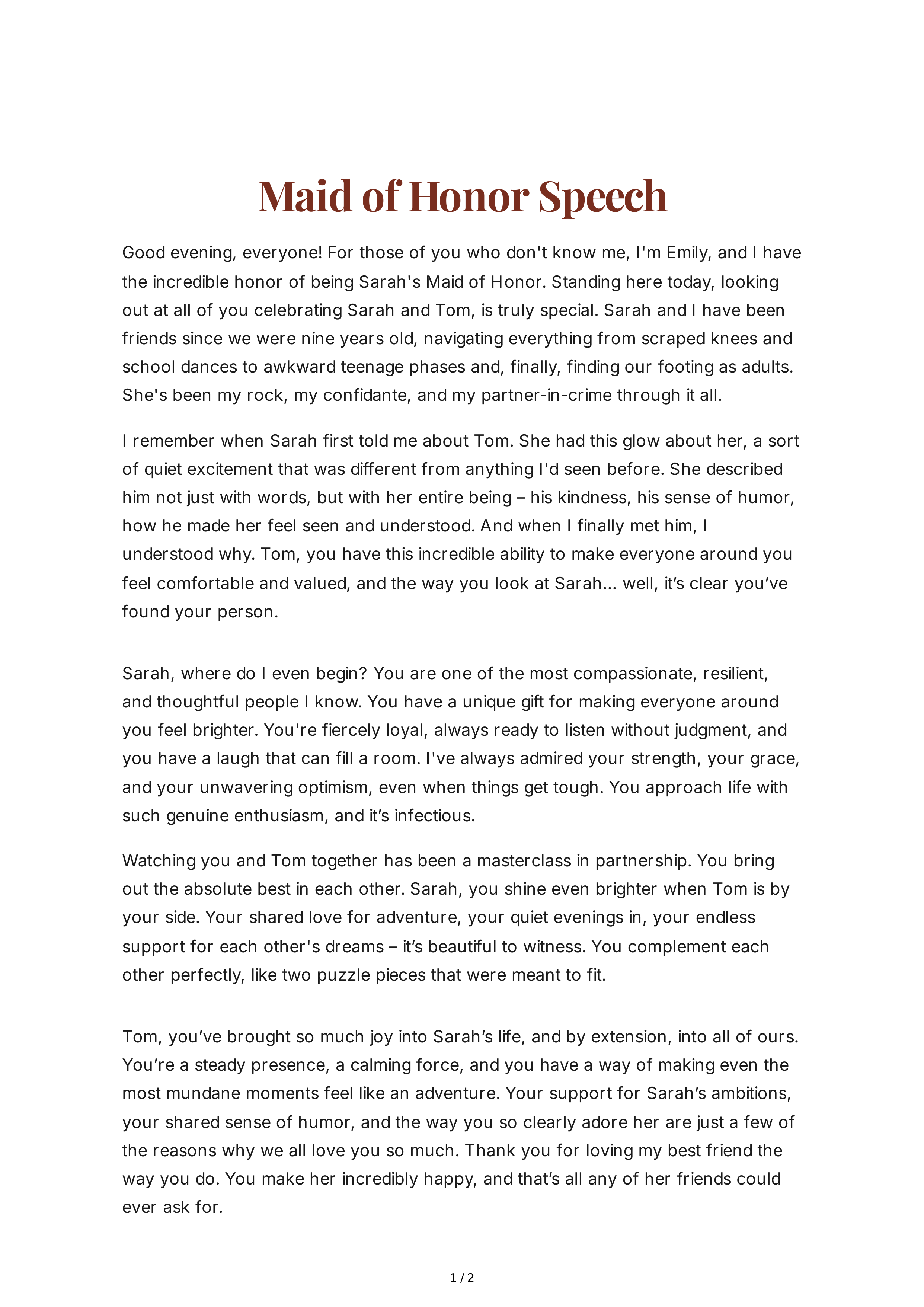 Outdoor Wedding Maid of Honor Speech — page 1