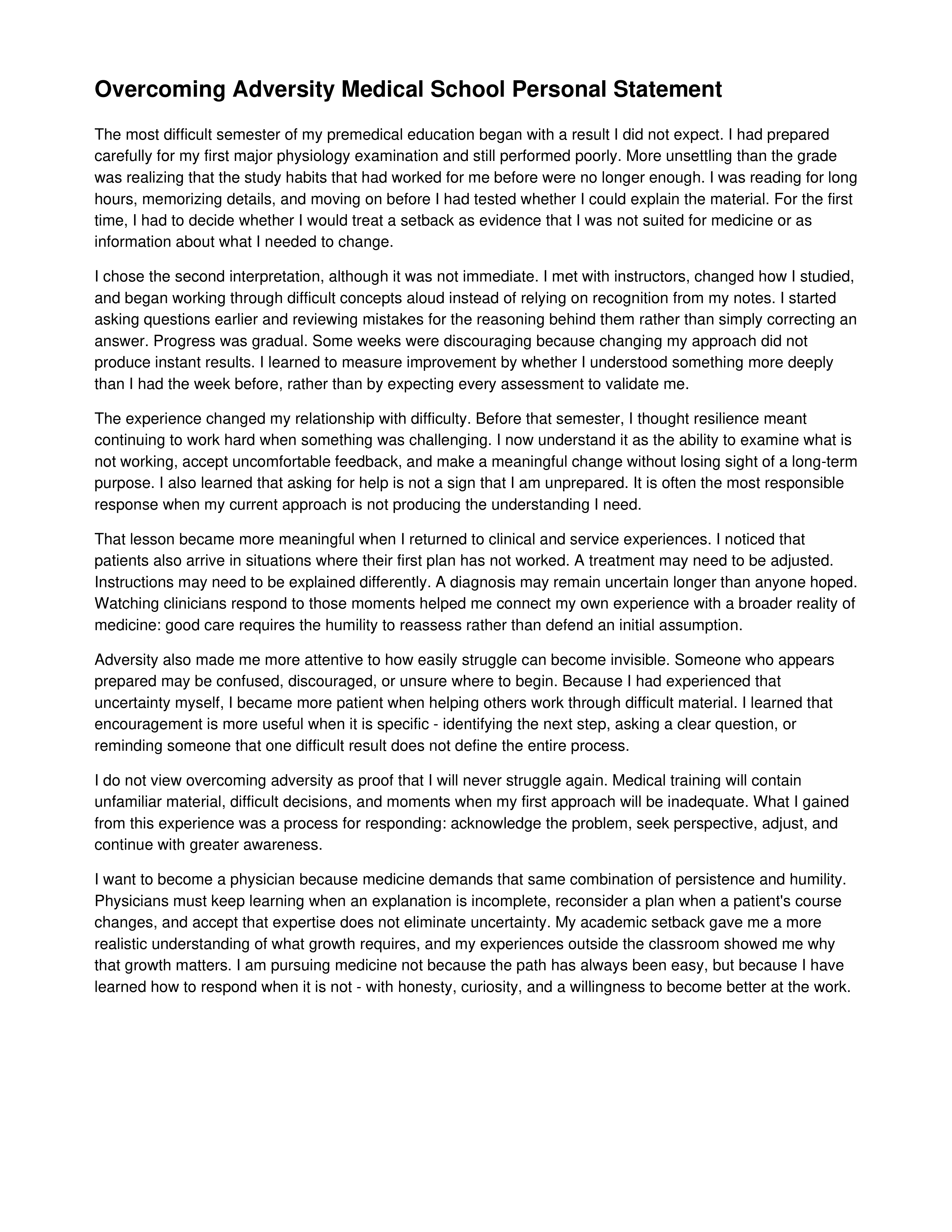 Overcoming Adversity Medical School Personal Statement — page 1