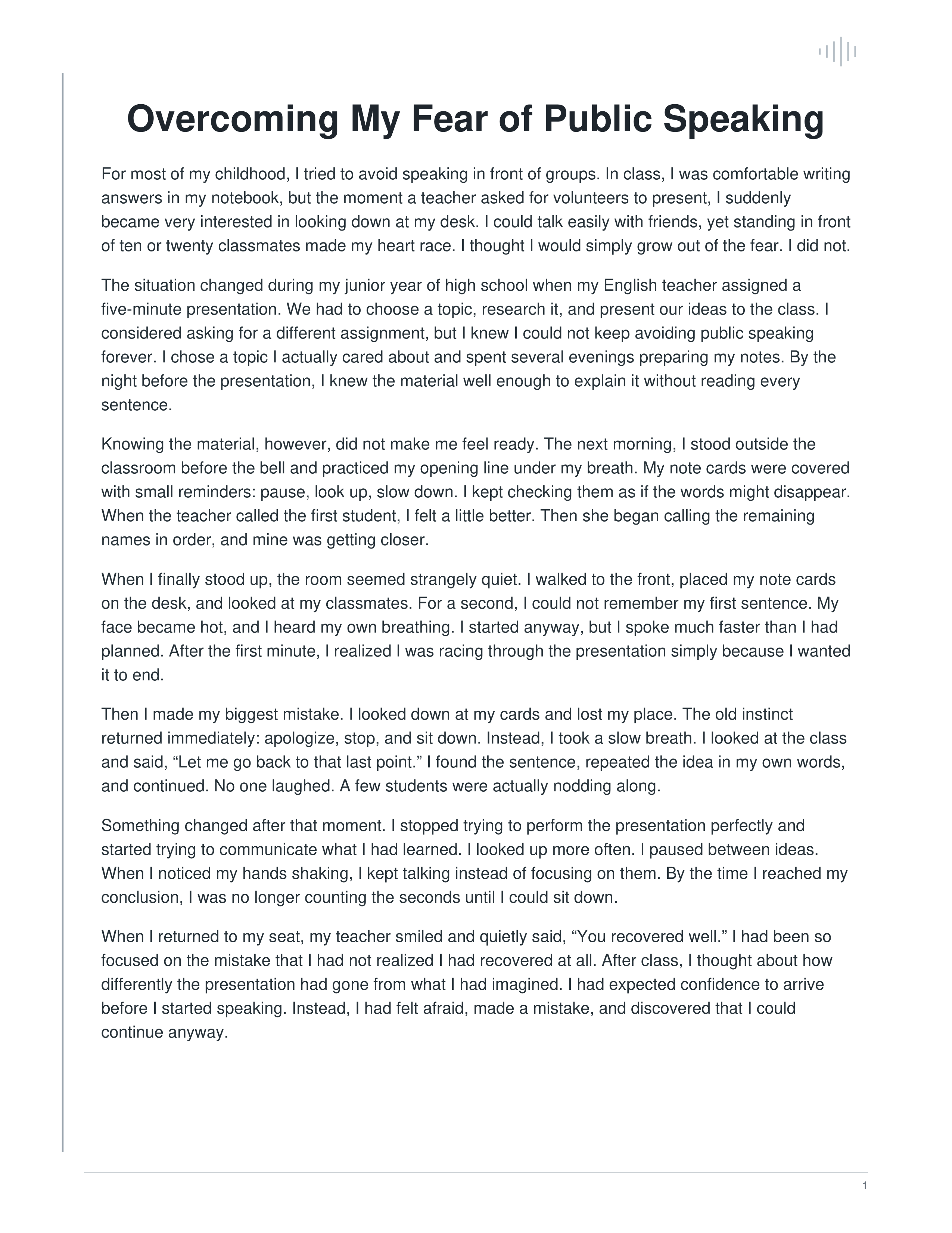 Overcoming My Fear of Public Speaking Narrative Essay — page 1