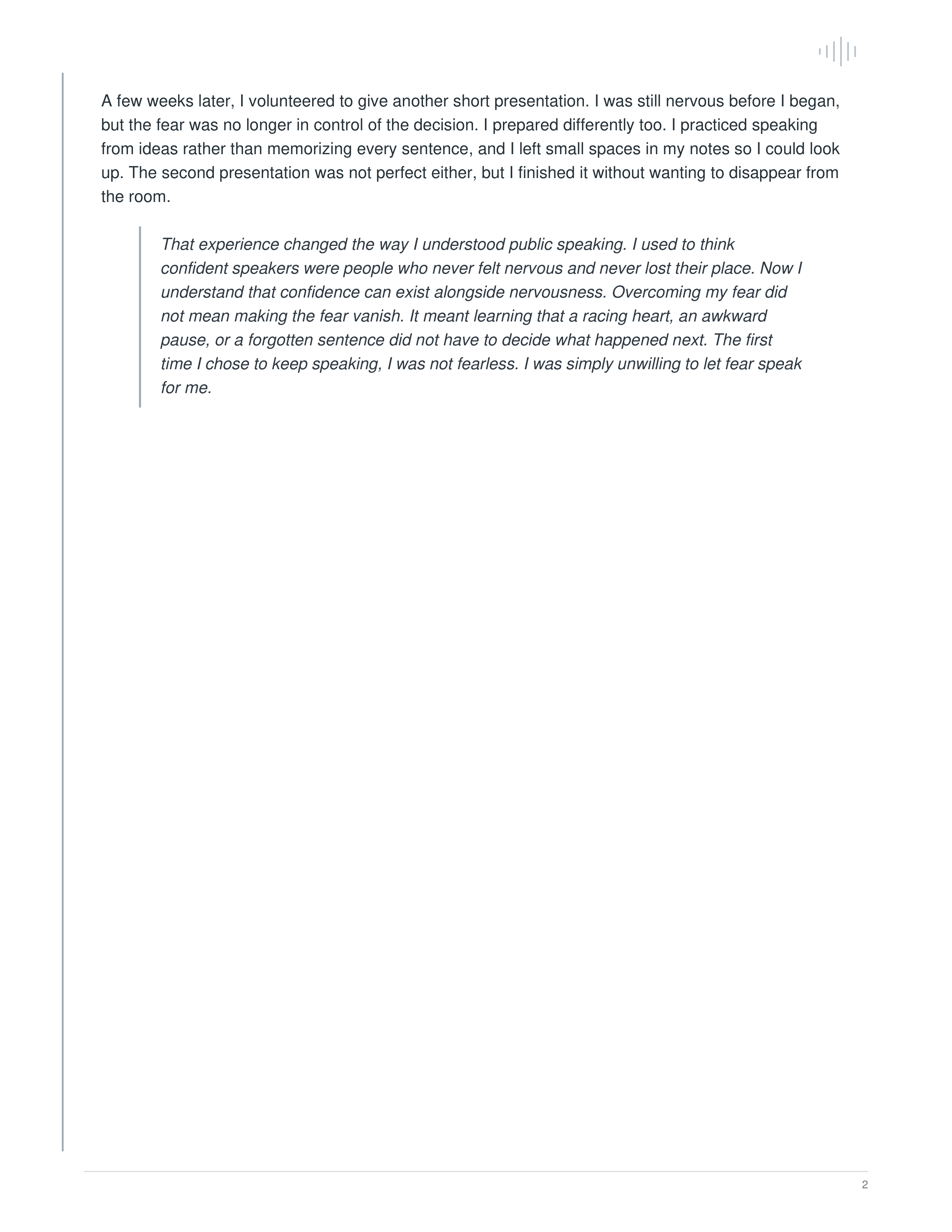 Overcoming My Fear of Public Speaking Narrative Essay — page 2
