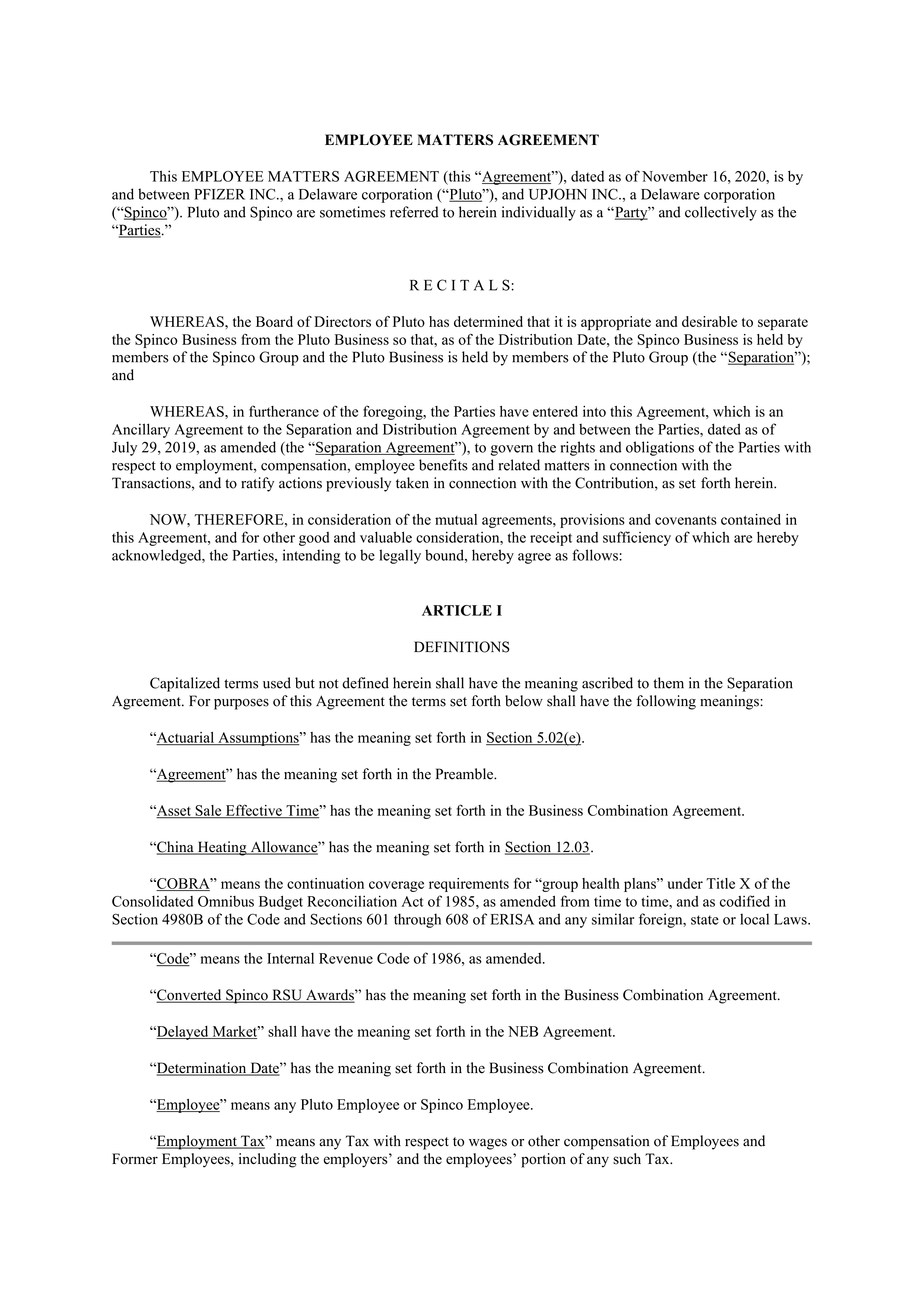Pfizer Employee Matters Agreement — page 1