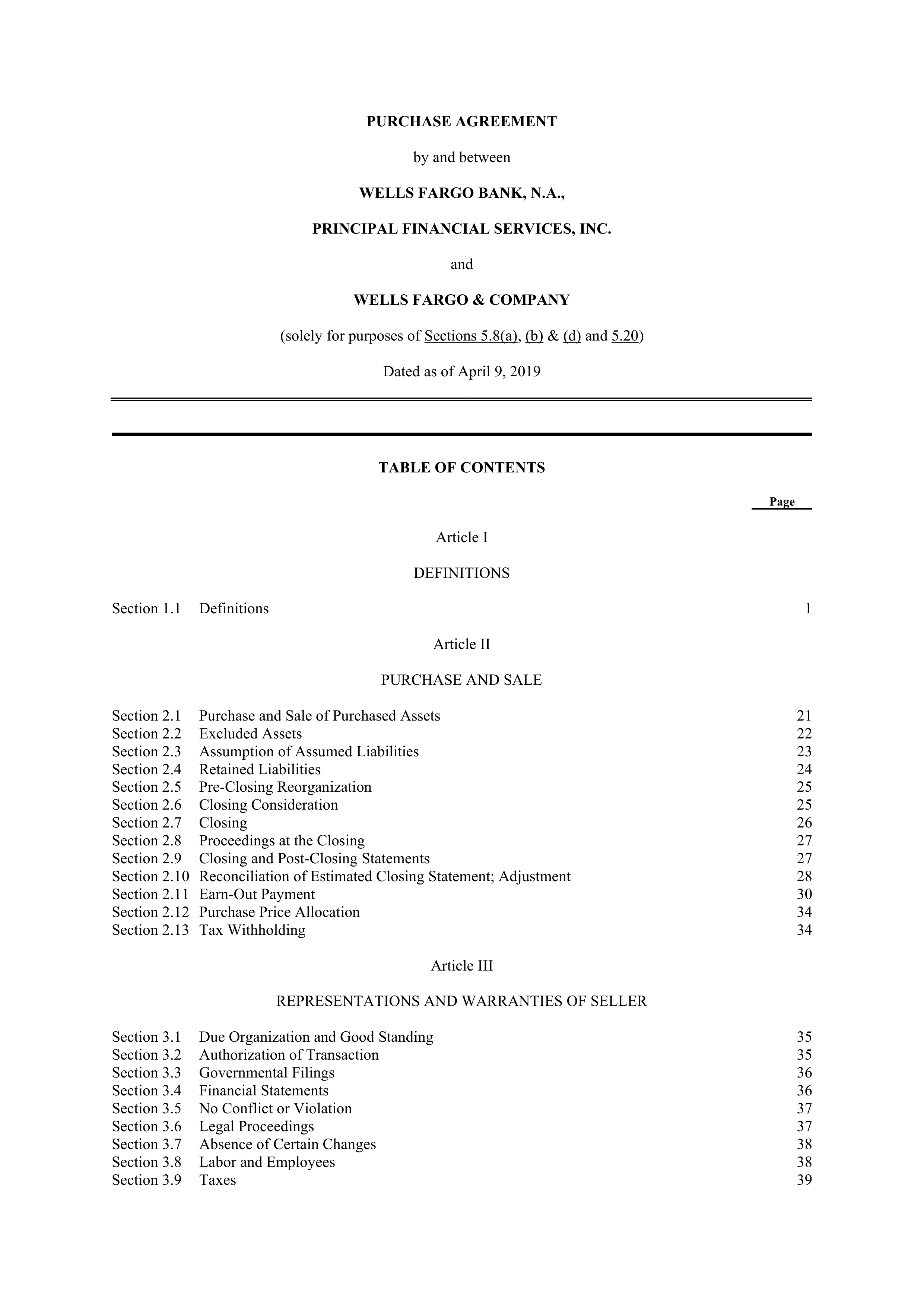 PURCHASE AGREEMENT between PRINCIPAL FINANCIAL SERVICES and WELLS FARGO & COMPANY — page 1