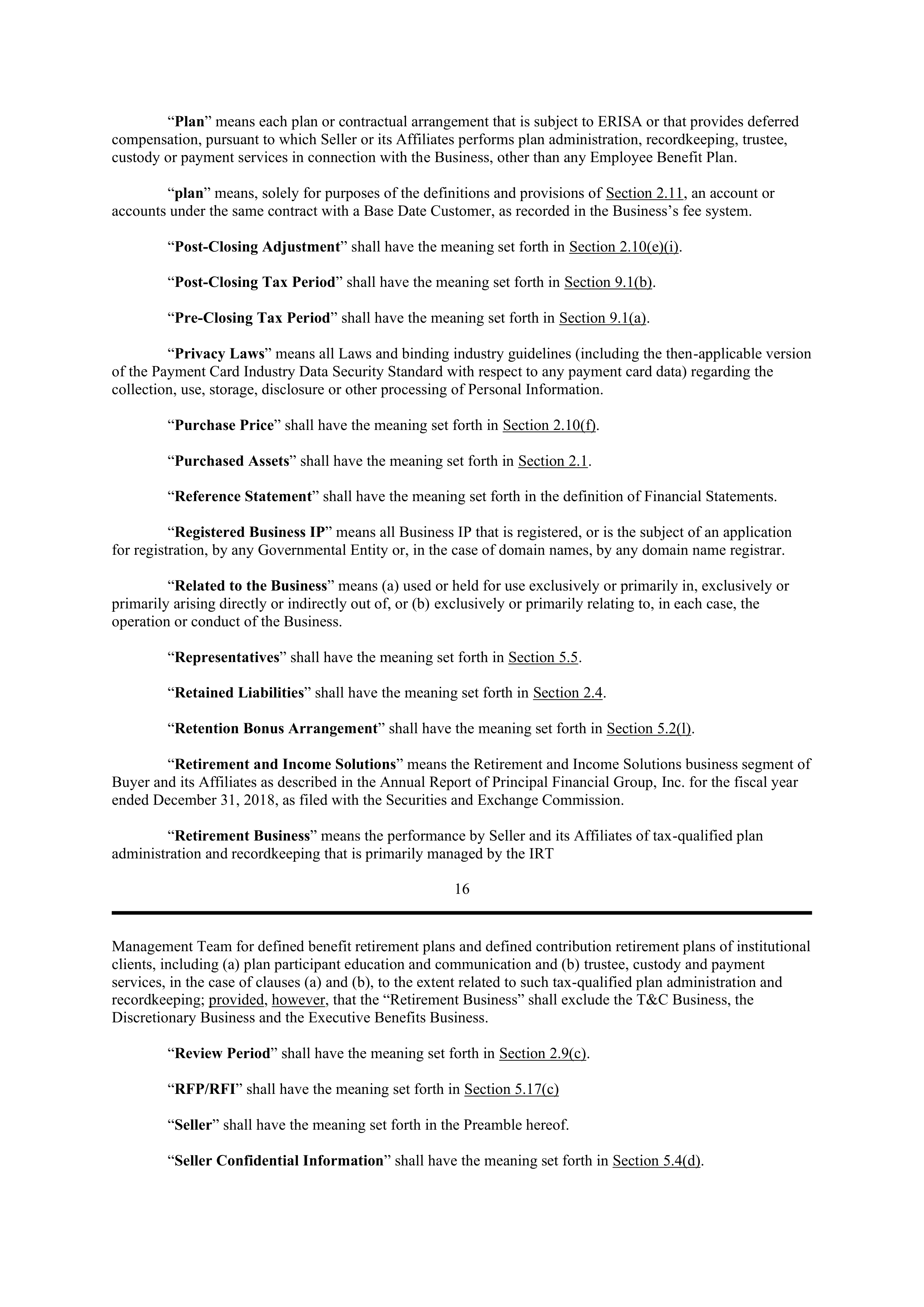 PURCHASE AGREEMENT between PRINCIPAL FINANCIAL SERVICES and WELLS FARGO & COMPANY — page 20
