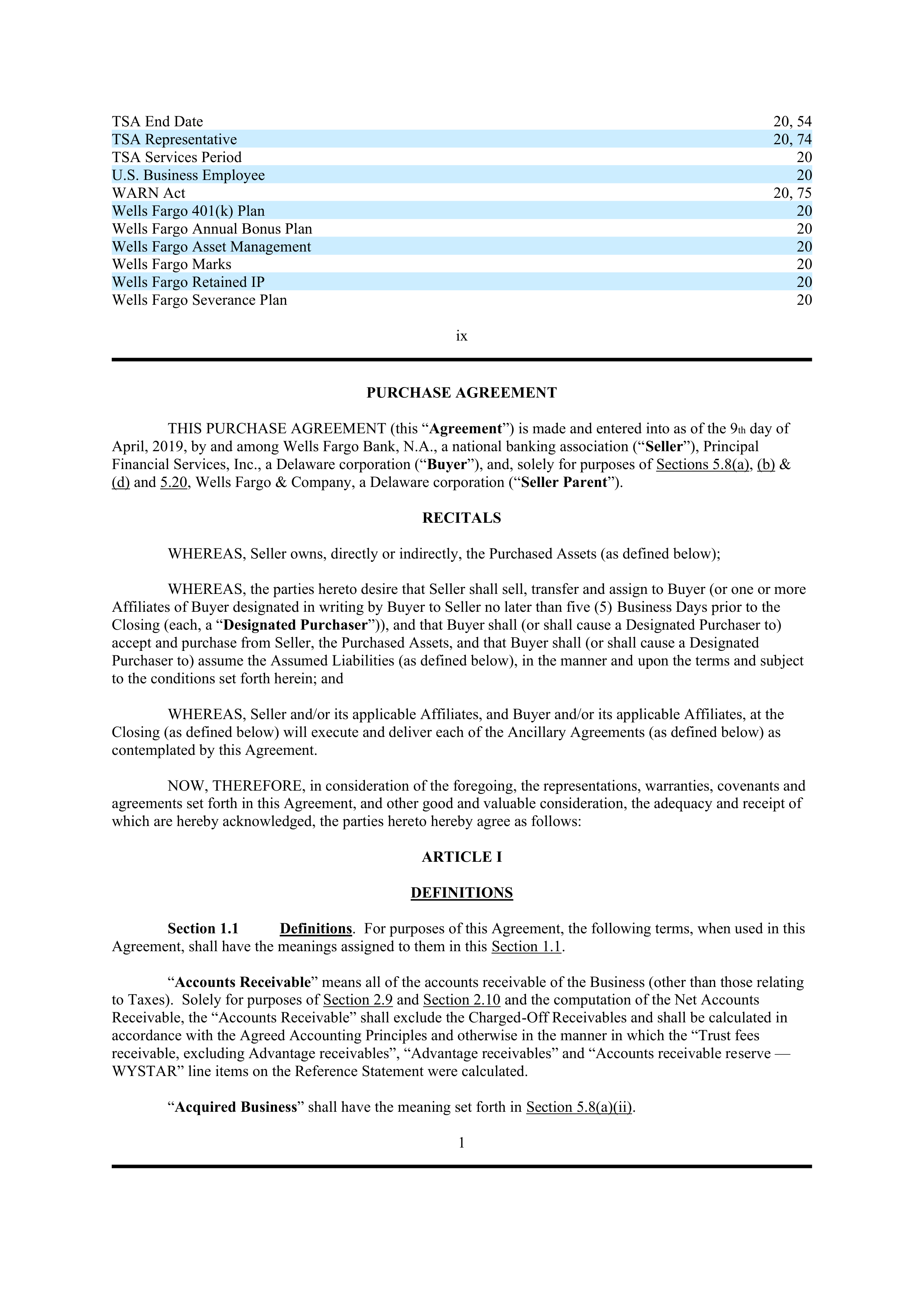 PURCHASE AGREEMENT between PRINCIPAL FINANCIAL SERVICES and WELLS FARGO & COMPANY — page 8
