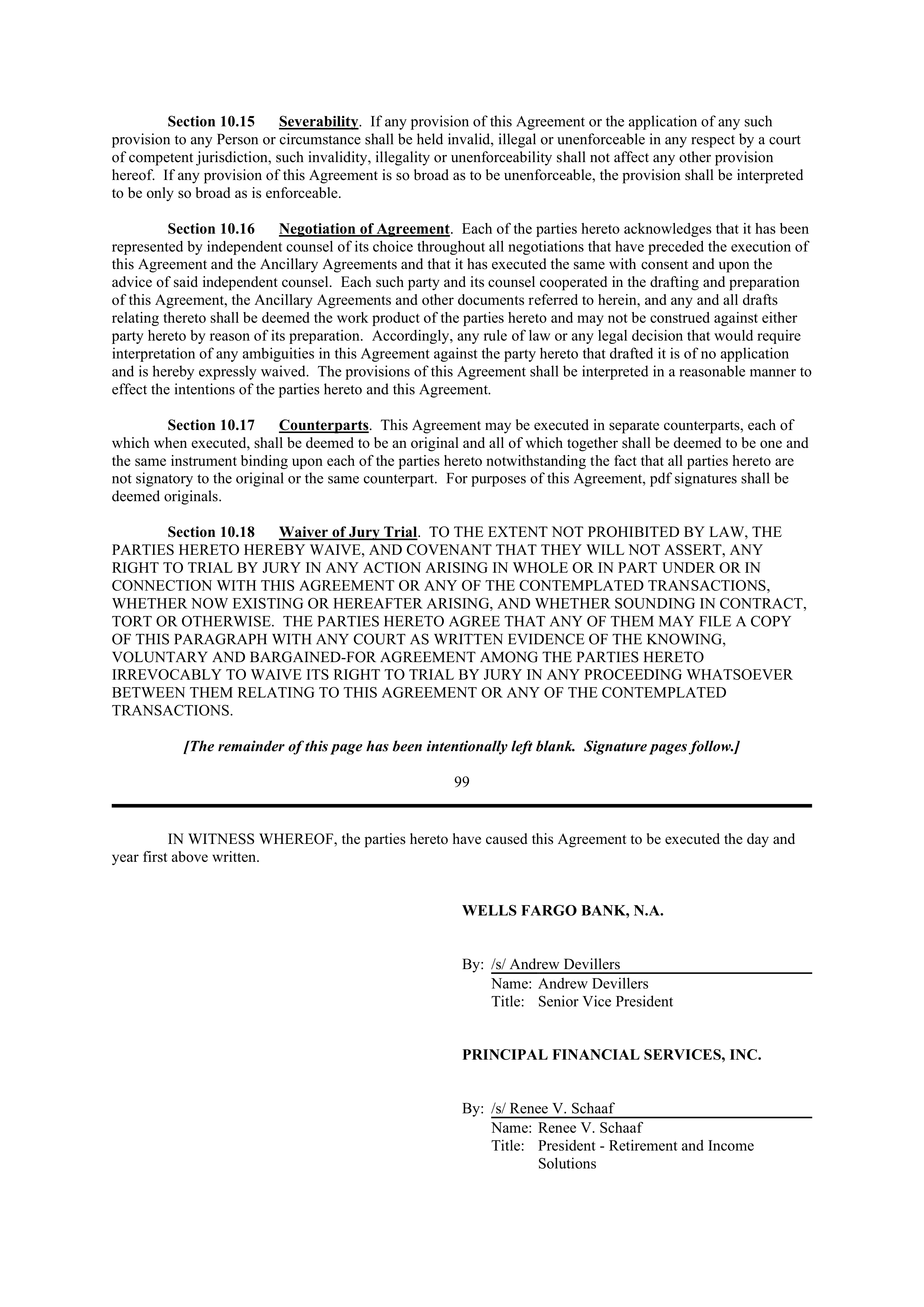 PURCHASE AGREEMENT between PRINCIPAL FINANCIAL SERVICES and WELLS FARGO & COMPANY — page 84