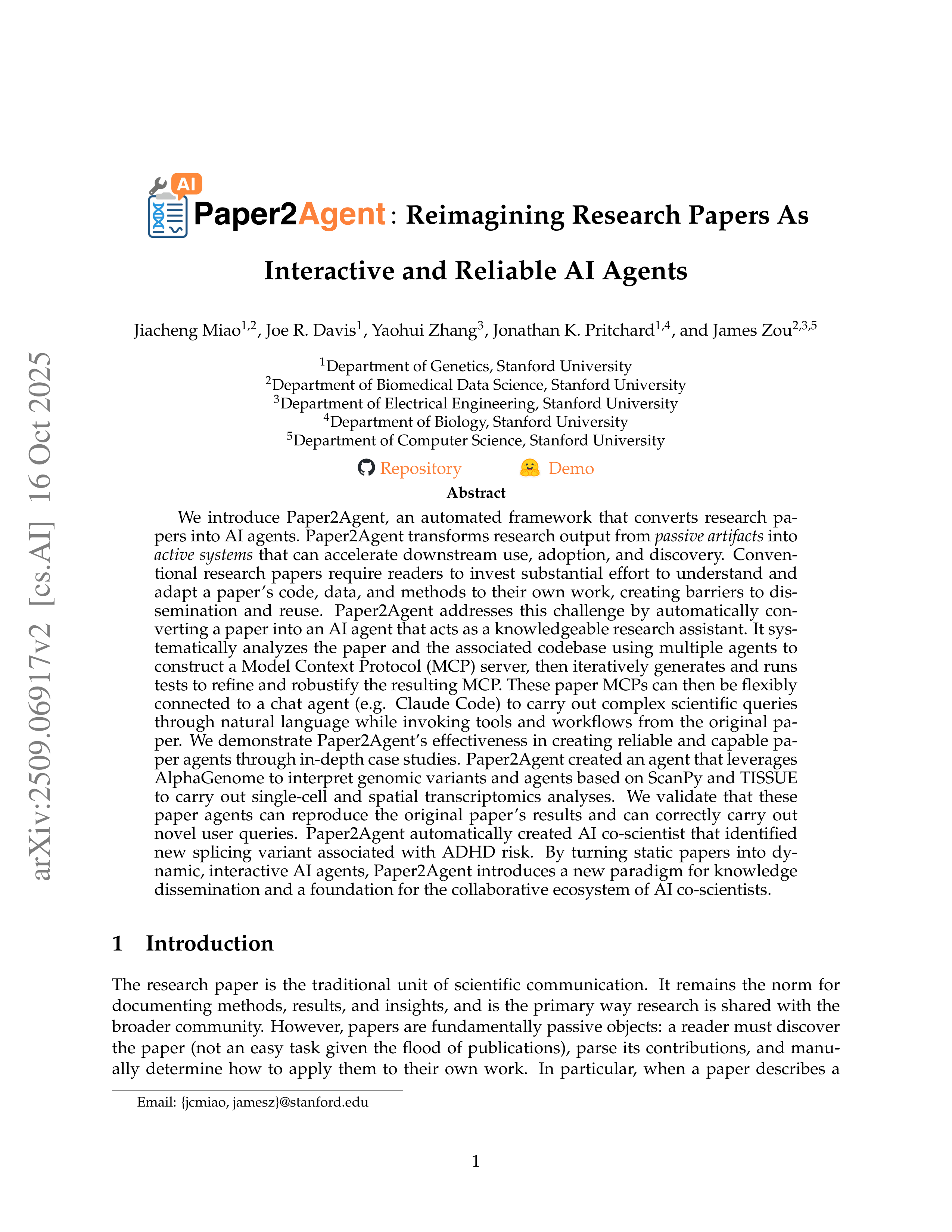 Paper2Agent AI Agent for Research Paper Automation — page 1