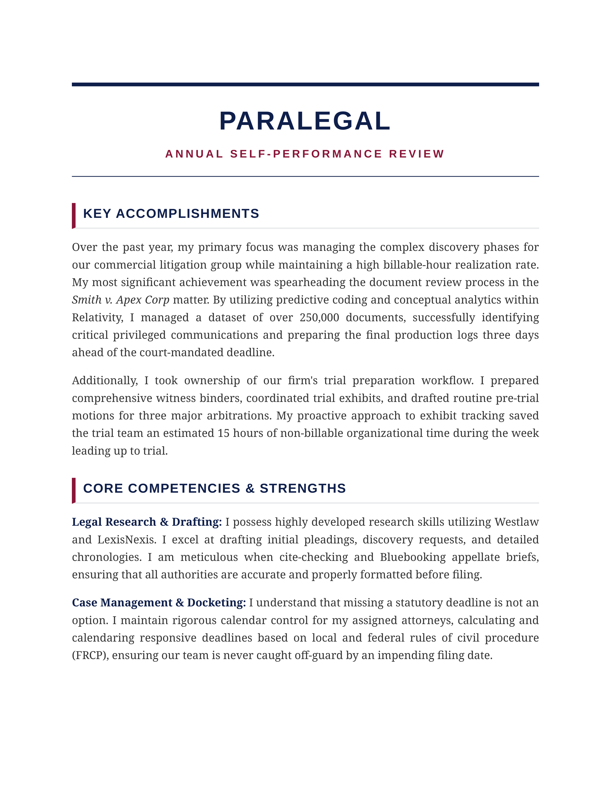 Paralegal Self Performance Review — page 1
