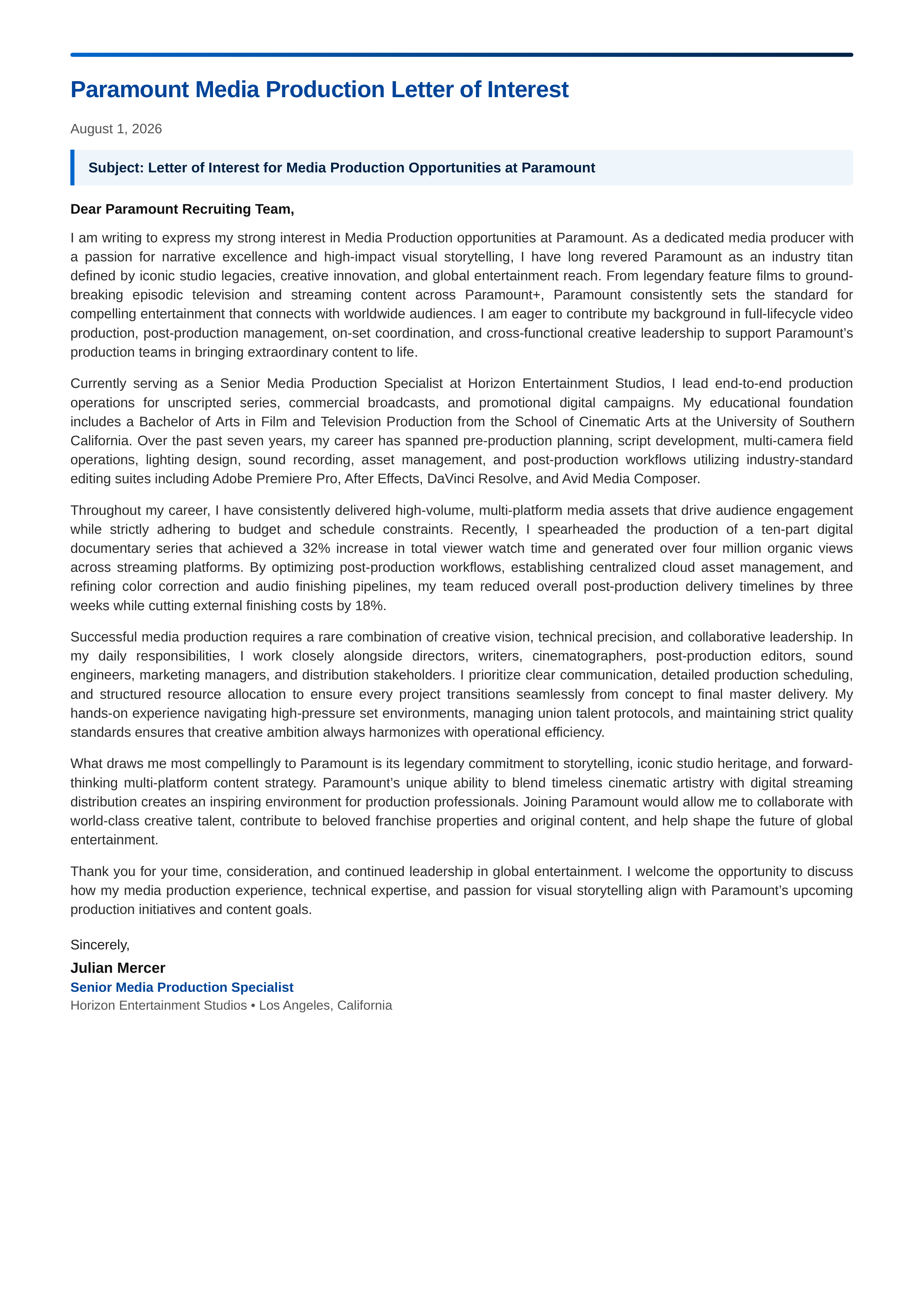 Paramount Media Production Letter of Interest — page 1