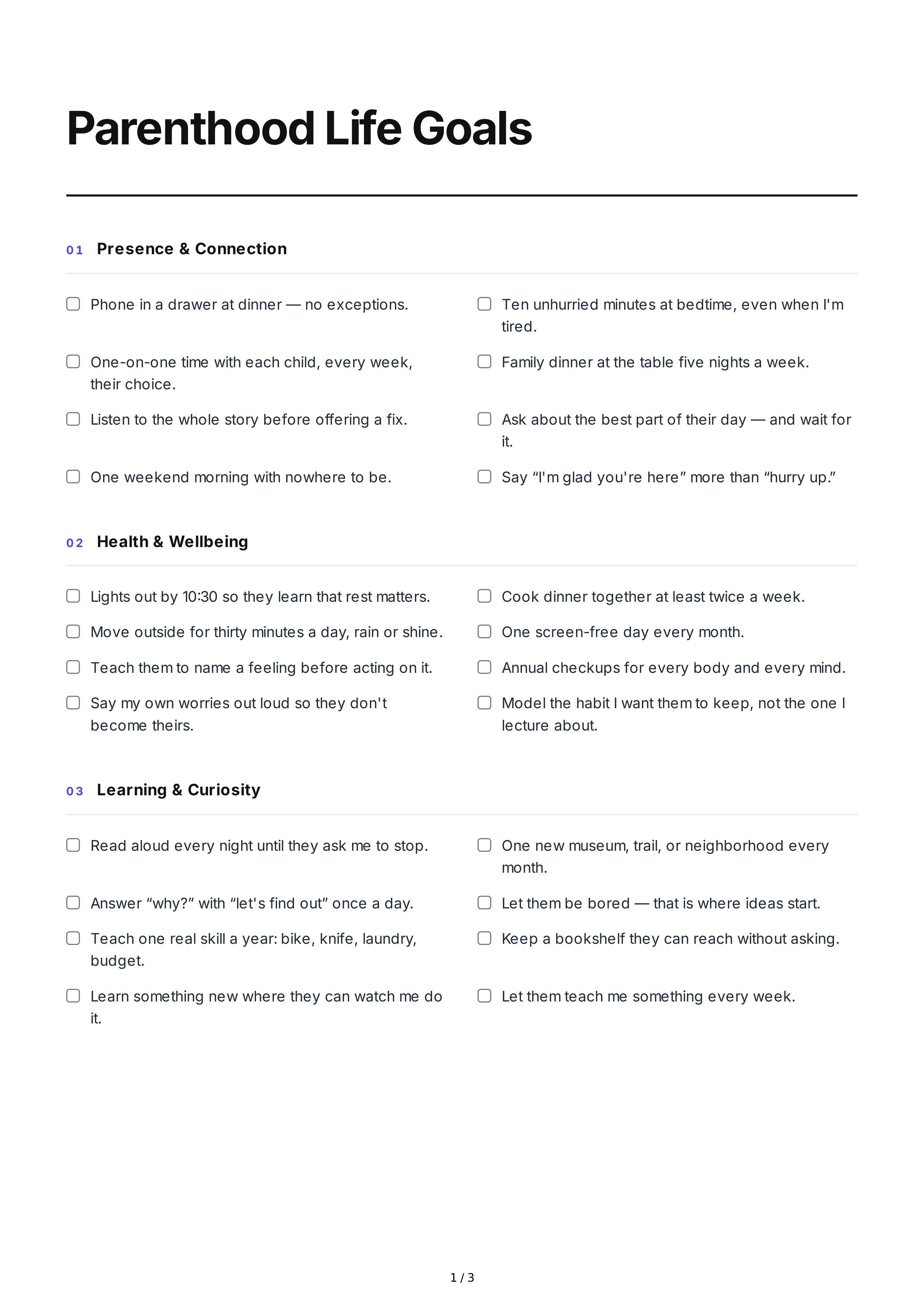 Parenthood Life Goals — page 1