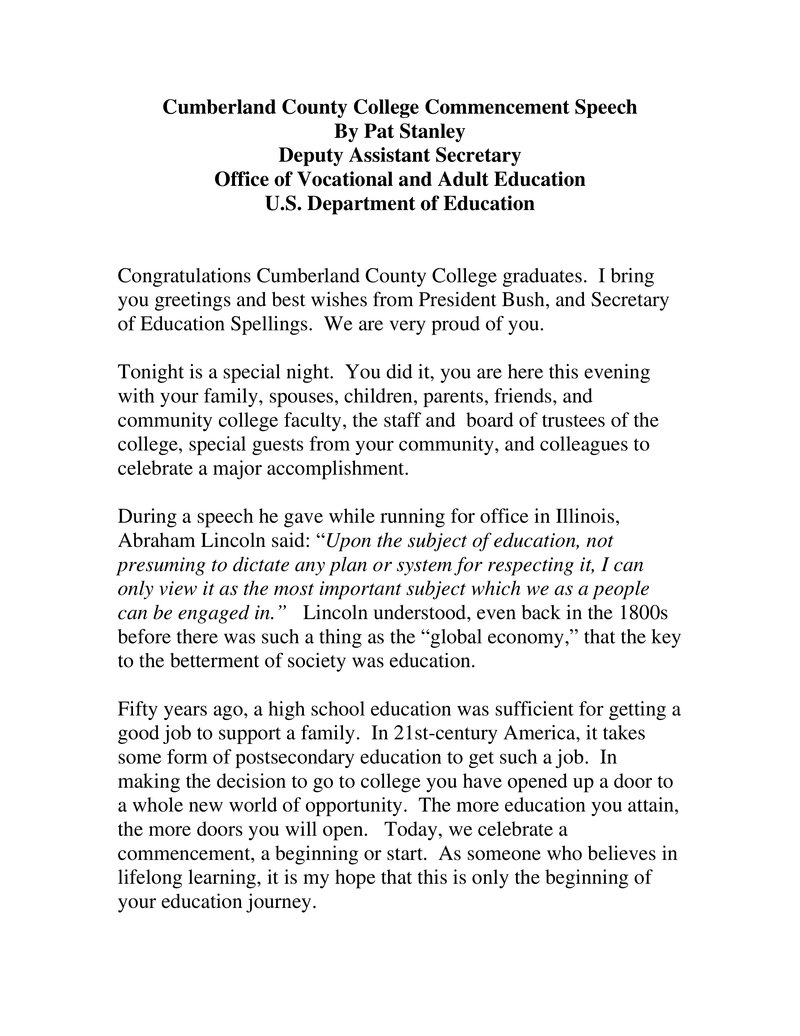 Pat Stanley Commencement Speech — page 1