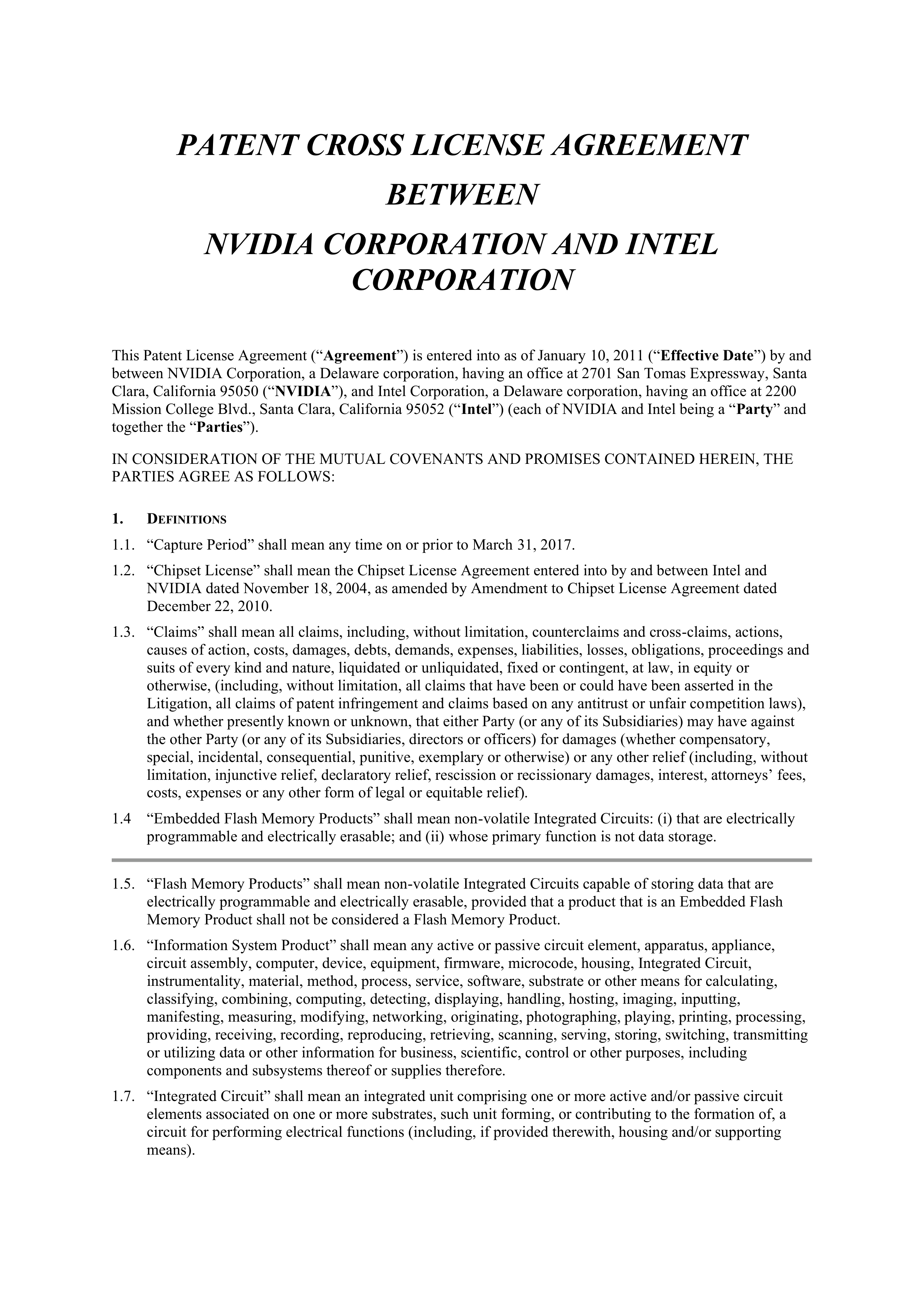 NVIDIA and Intel Patent Cross License Agreement — page 1