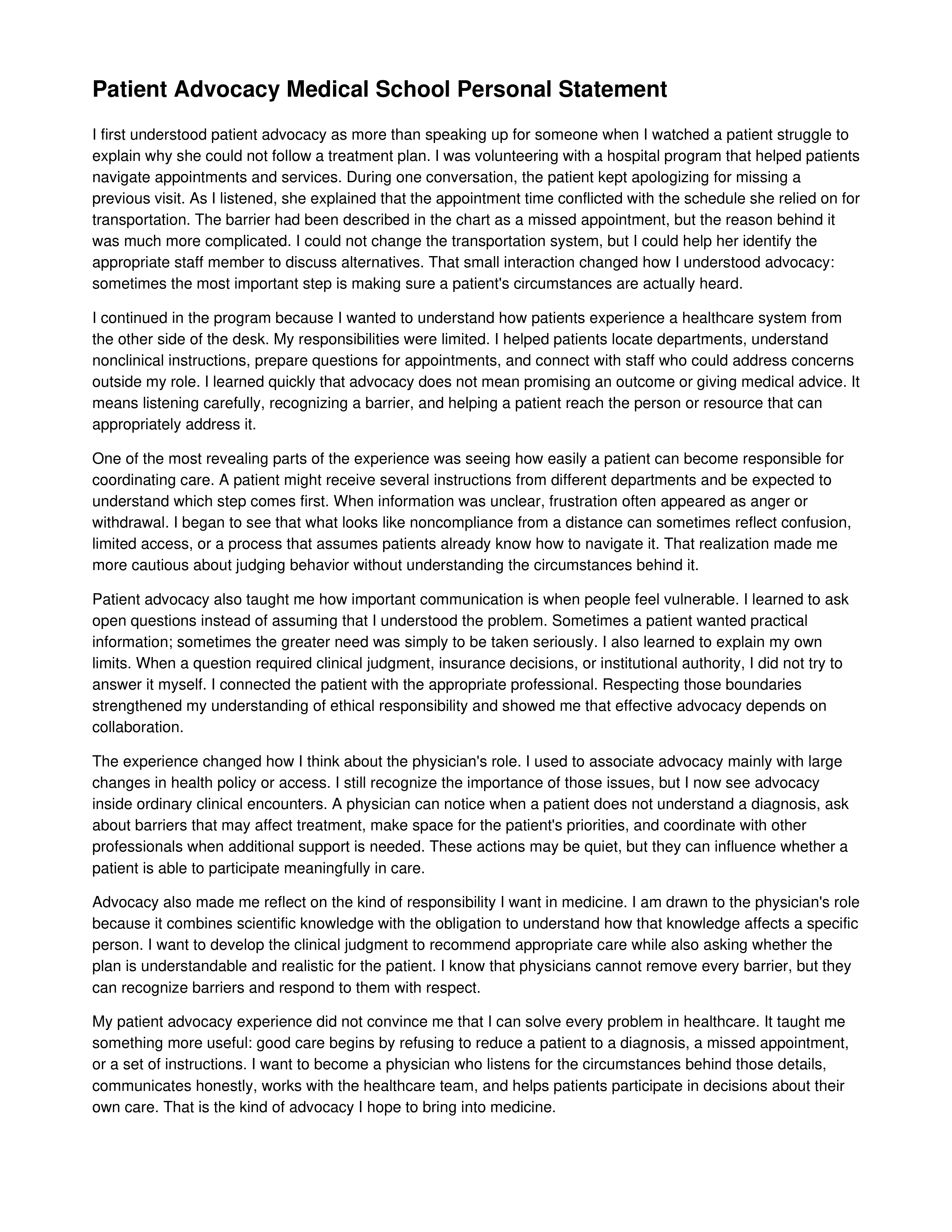 Patient Advocacy Medical School Personal Statement — page 1