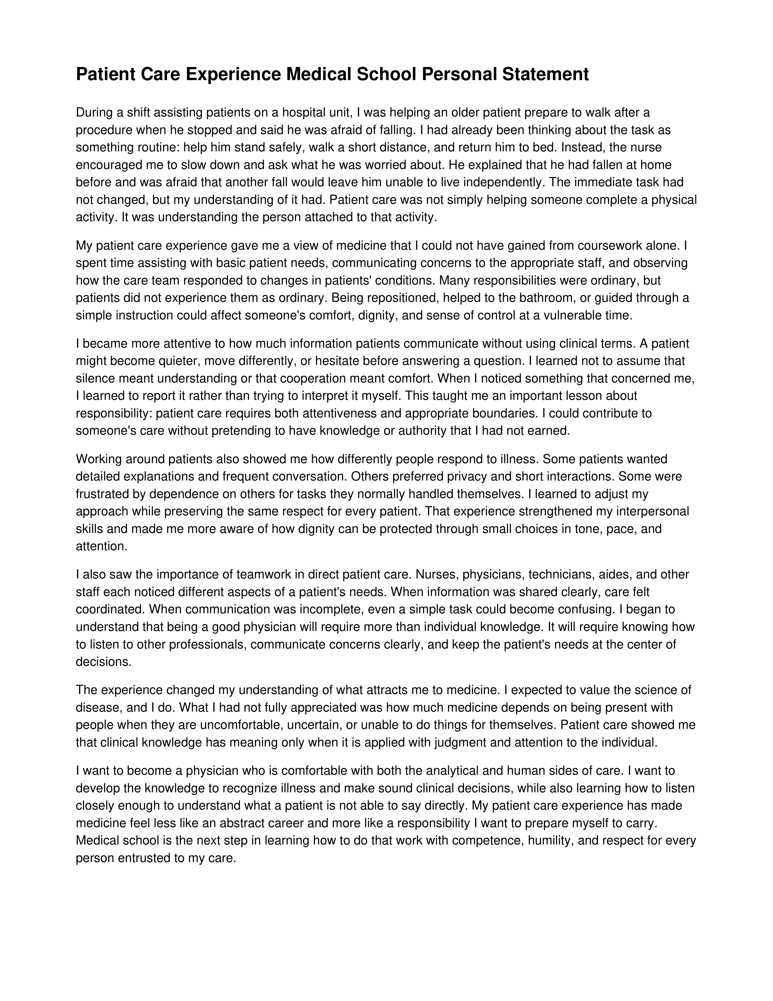 Patient Care Experience Medical School Personal Statement — page 1