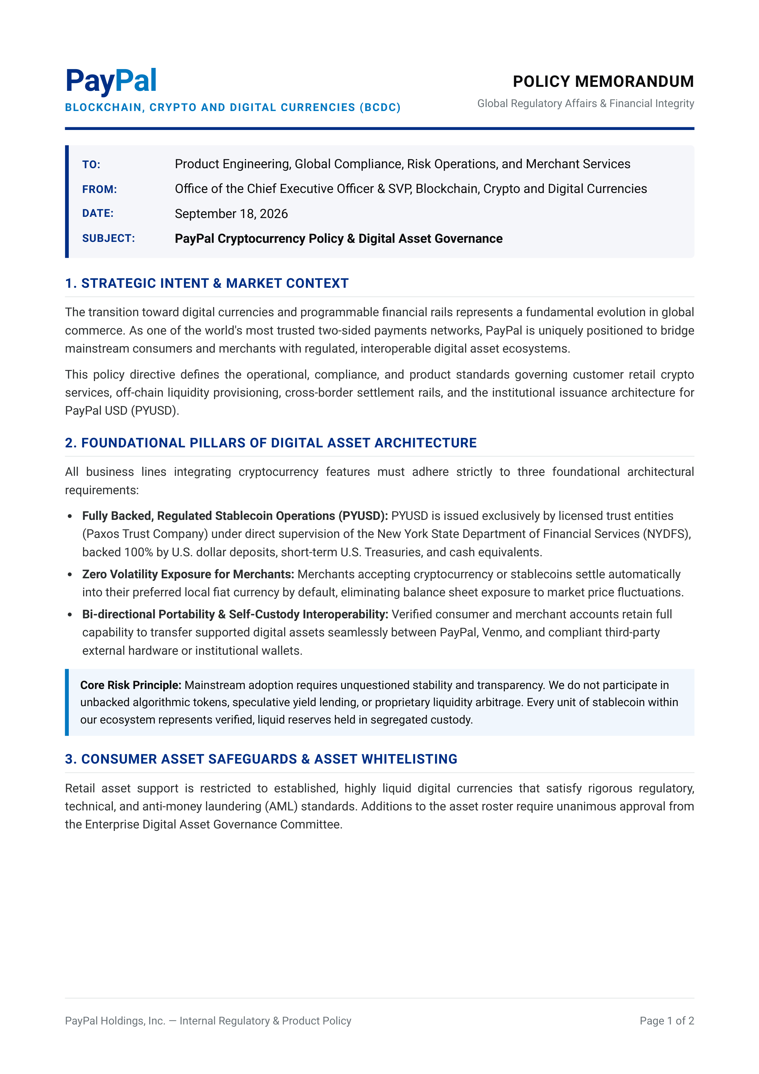 PayPal Cryptocurrency Policy Memo — page 1