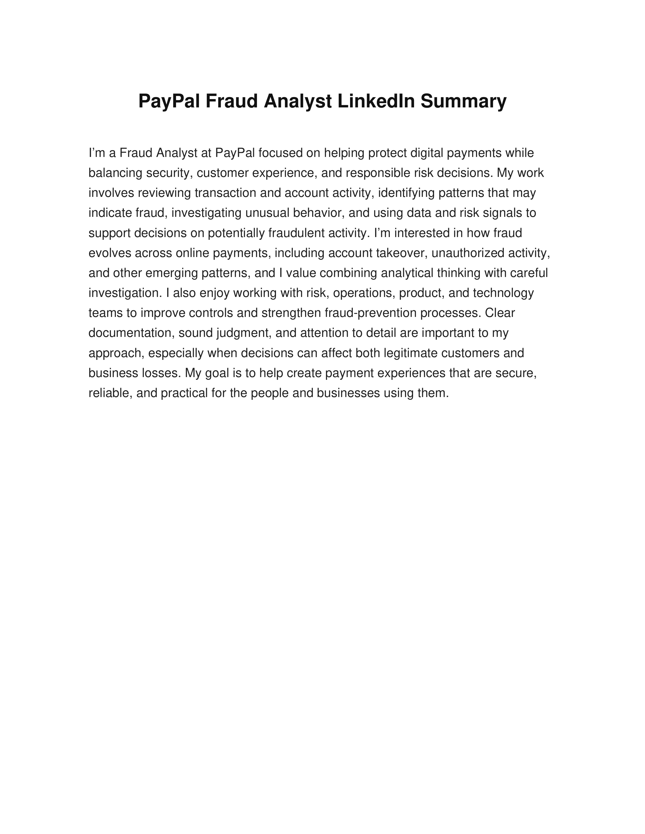 PayPal Fraud Analyst LinkedIn Summary — page 1