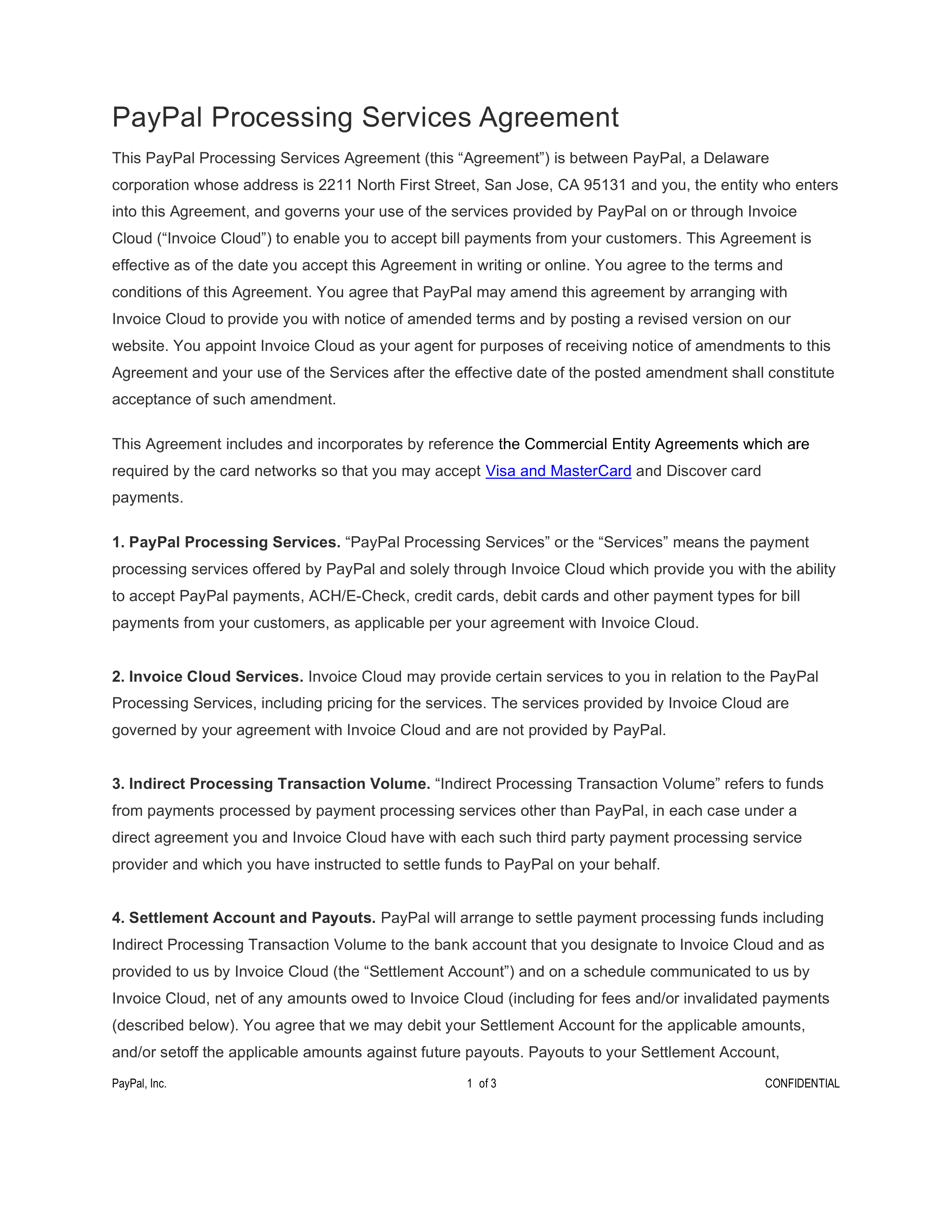 PayPal Processing Services Agreement — page 1