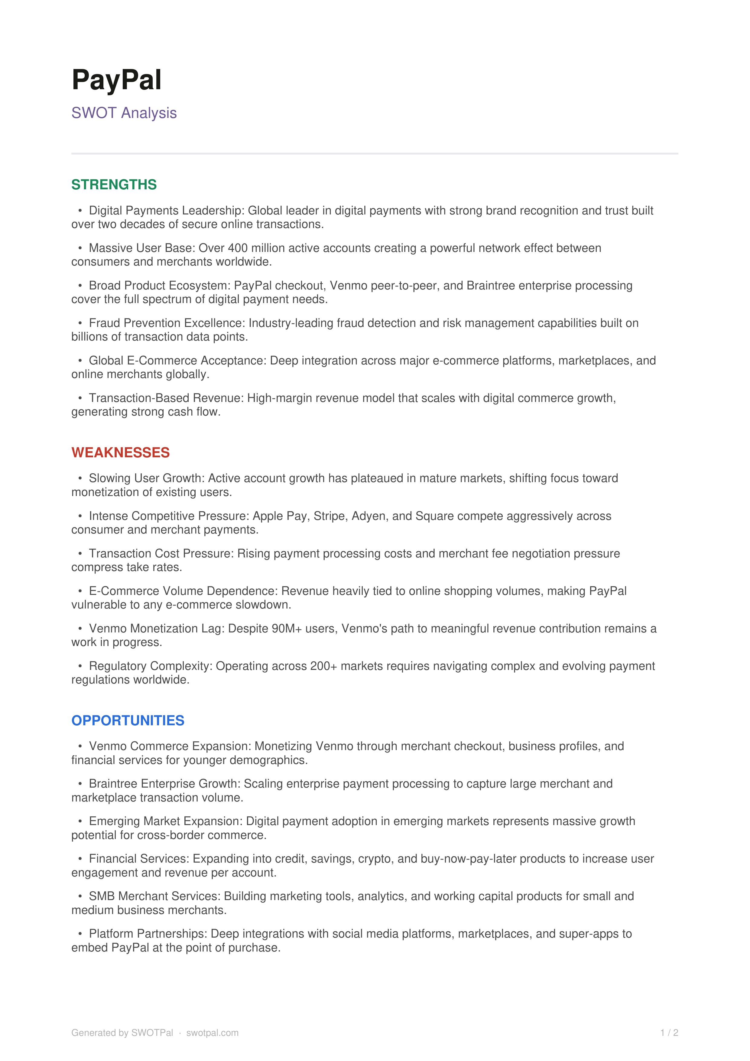 PayPal Swot Analysis  — page 1