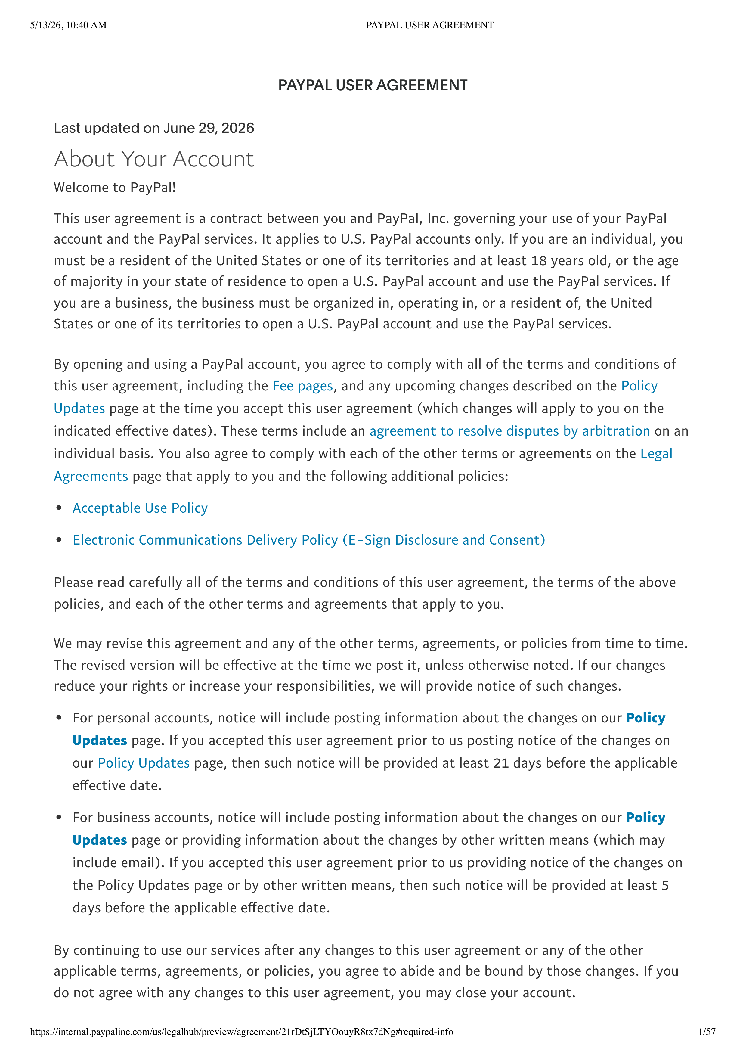PayPal User Agreement — page 1