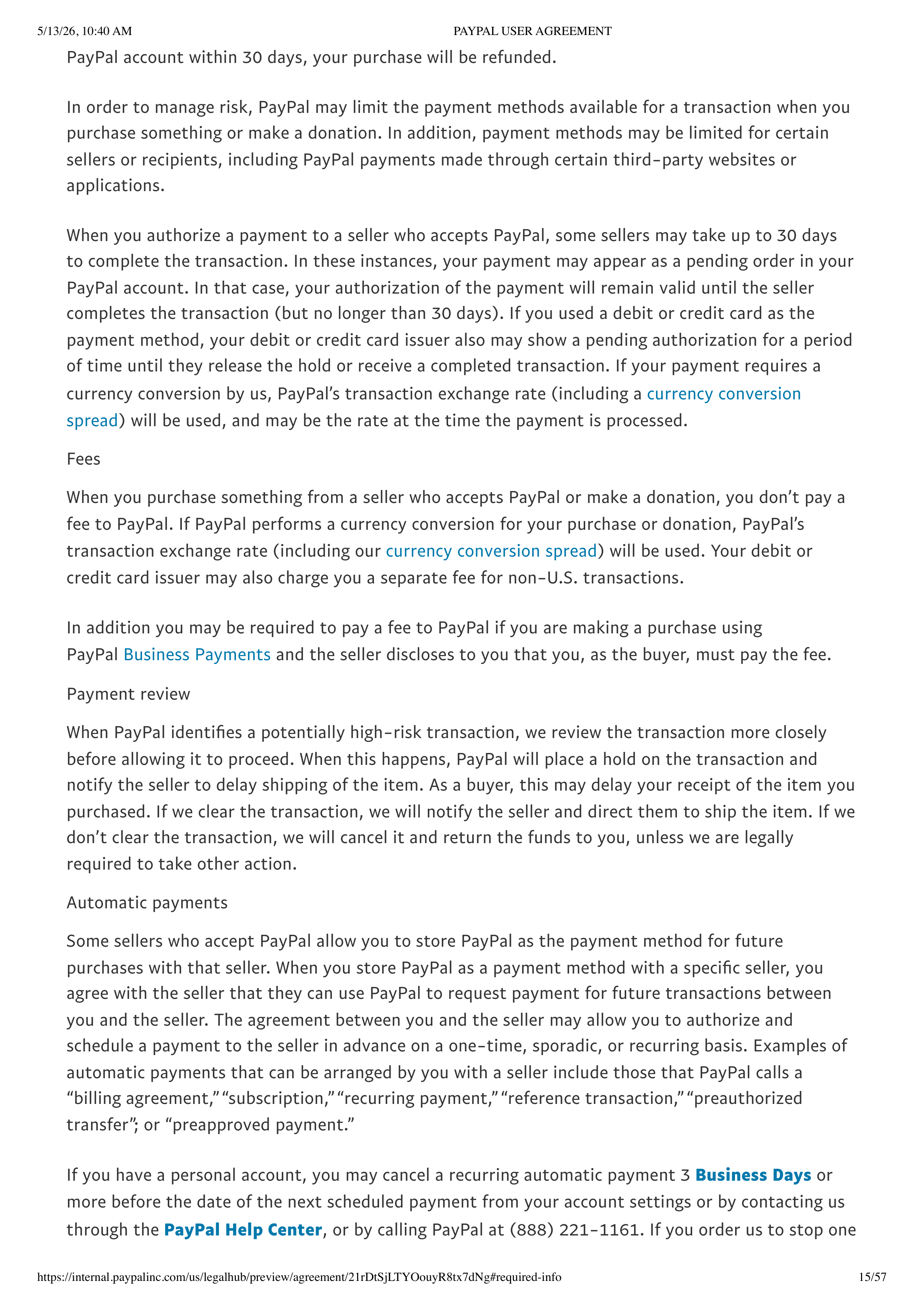 PayPal User Agreement — page 15