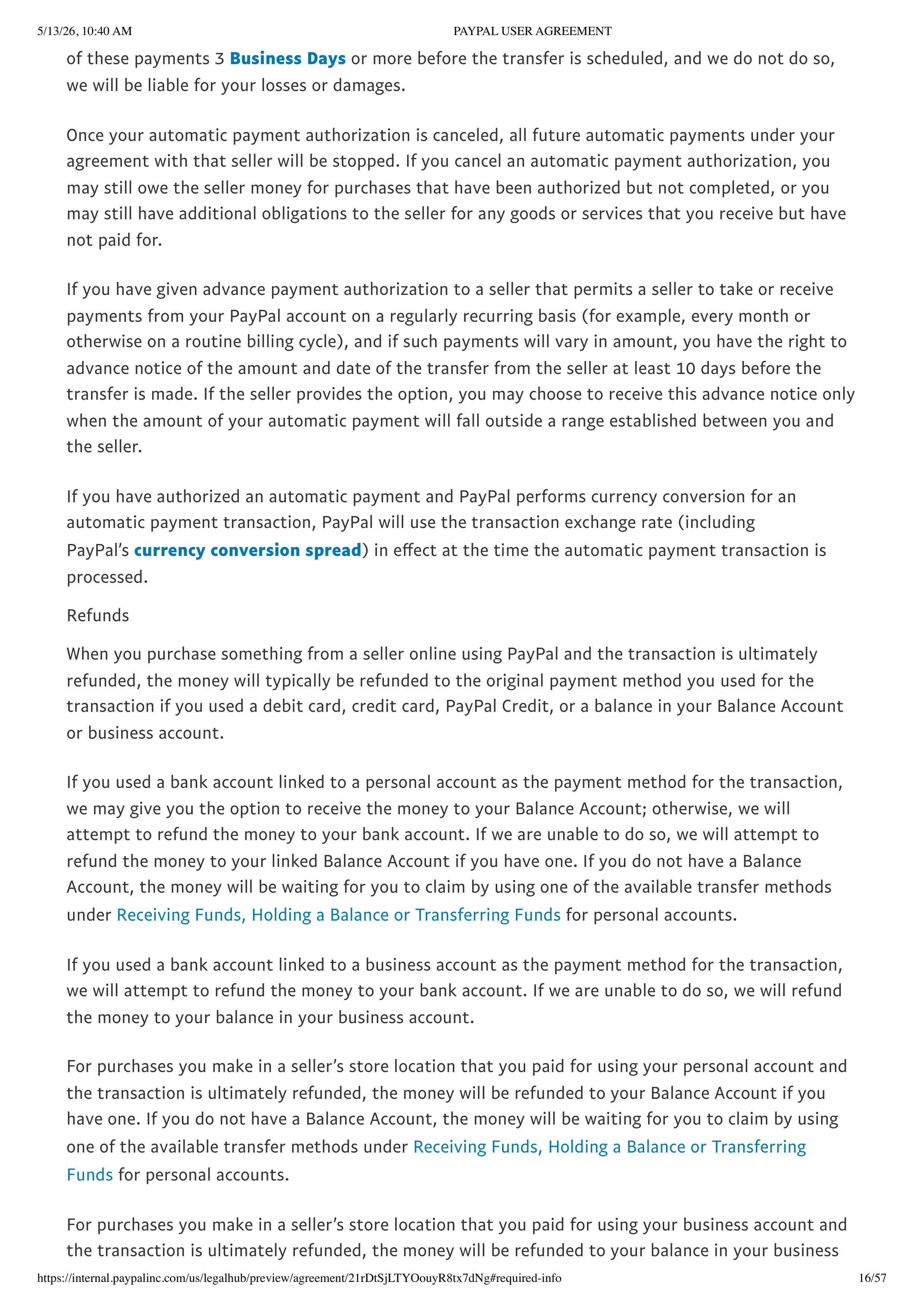 PayPal User Agreement — page 16