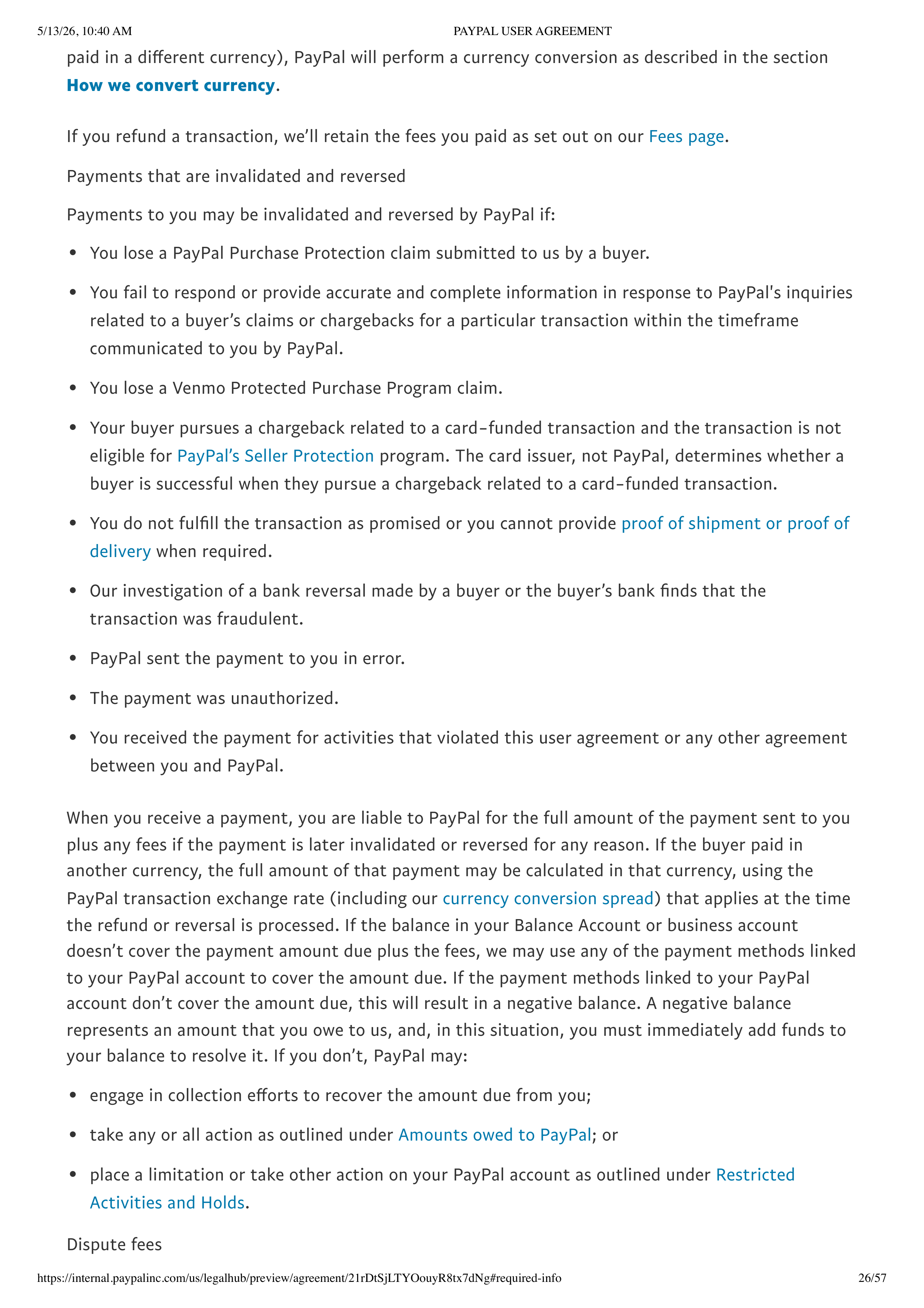 PayPal User Agreement — page 26