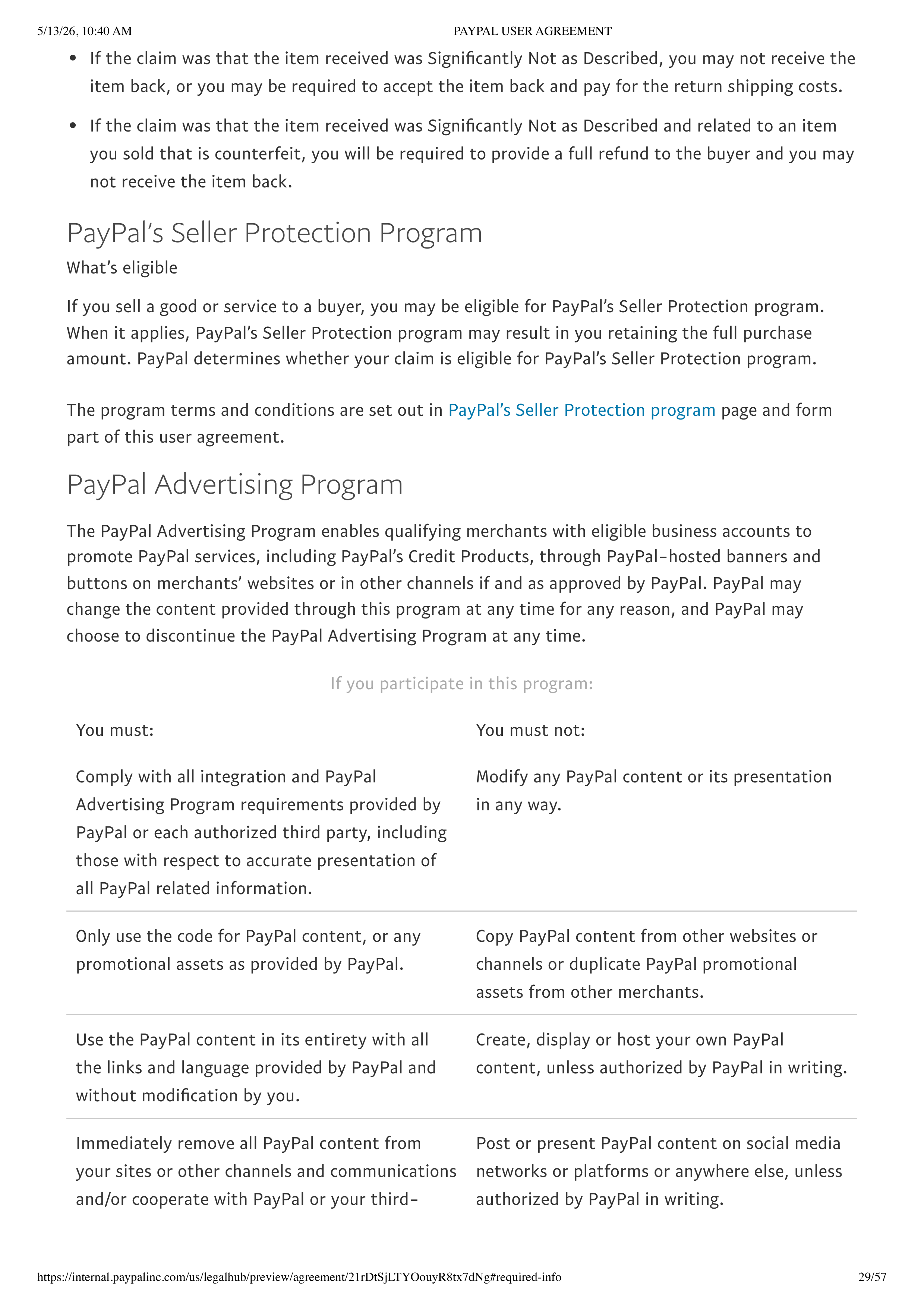PayPal User Agreement — page 29