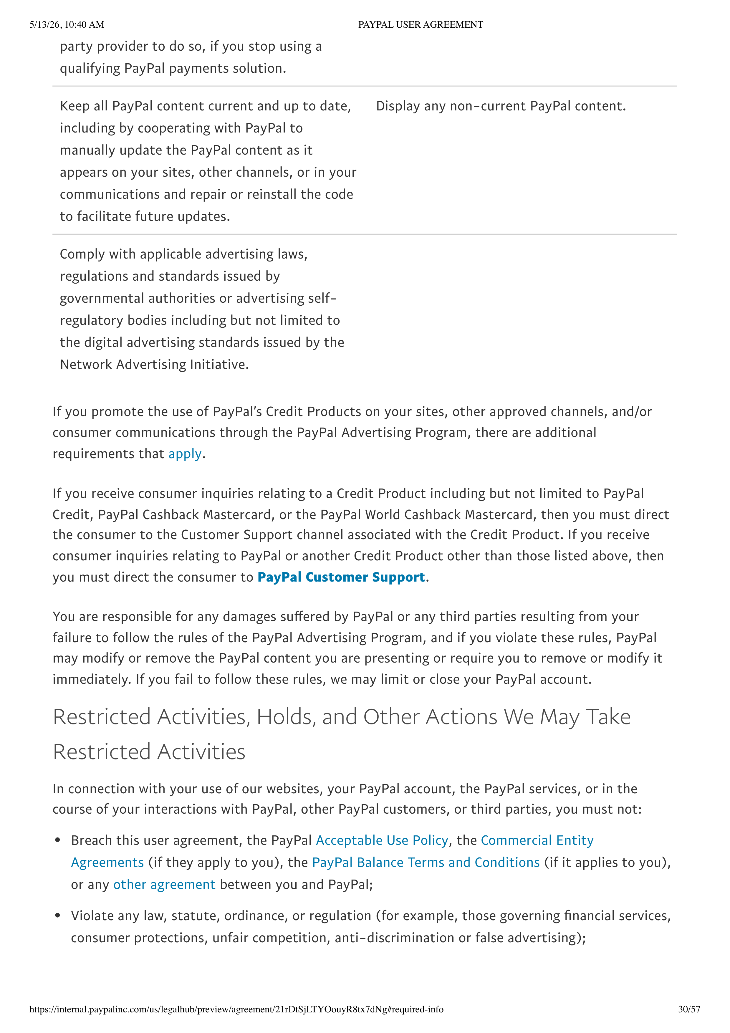 PayPal User Agreement — page 30