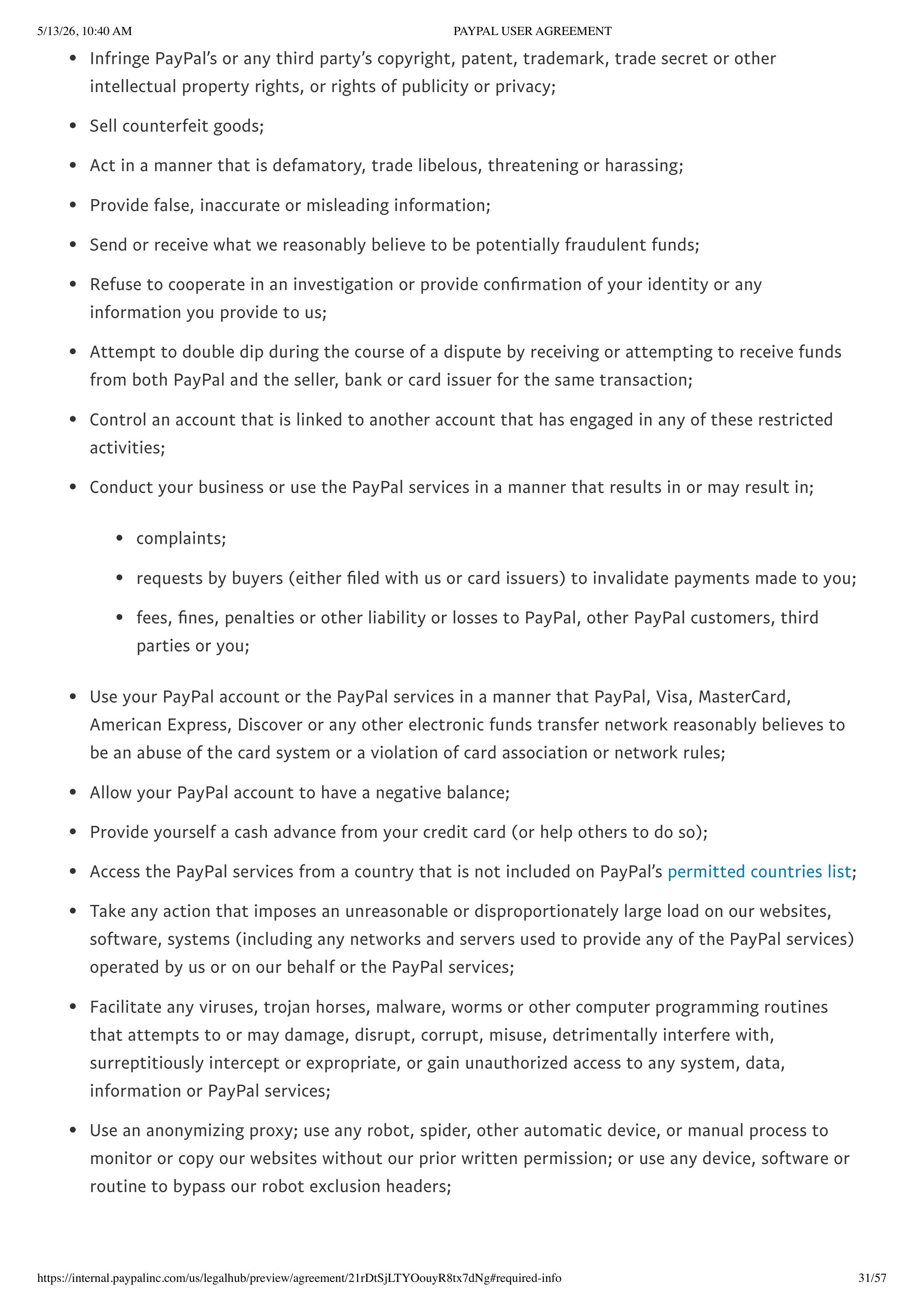 PayPal User Agreement — page 31
