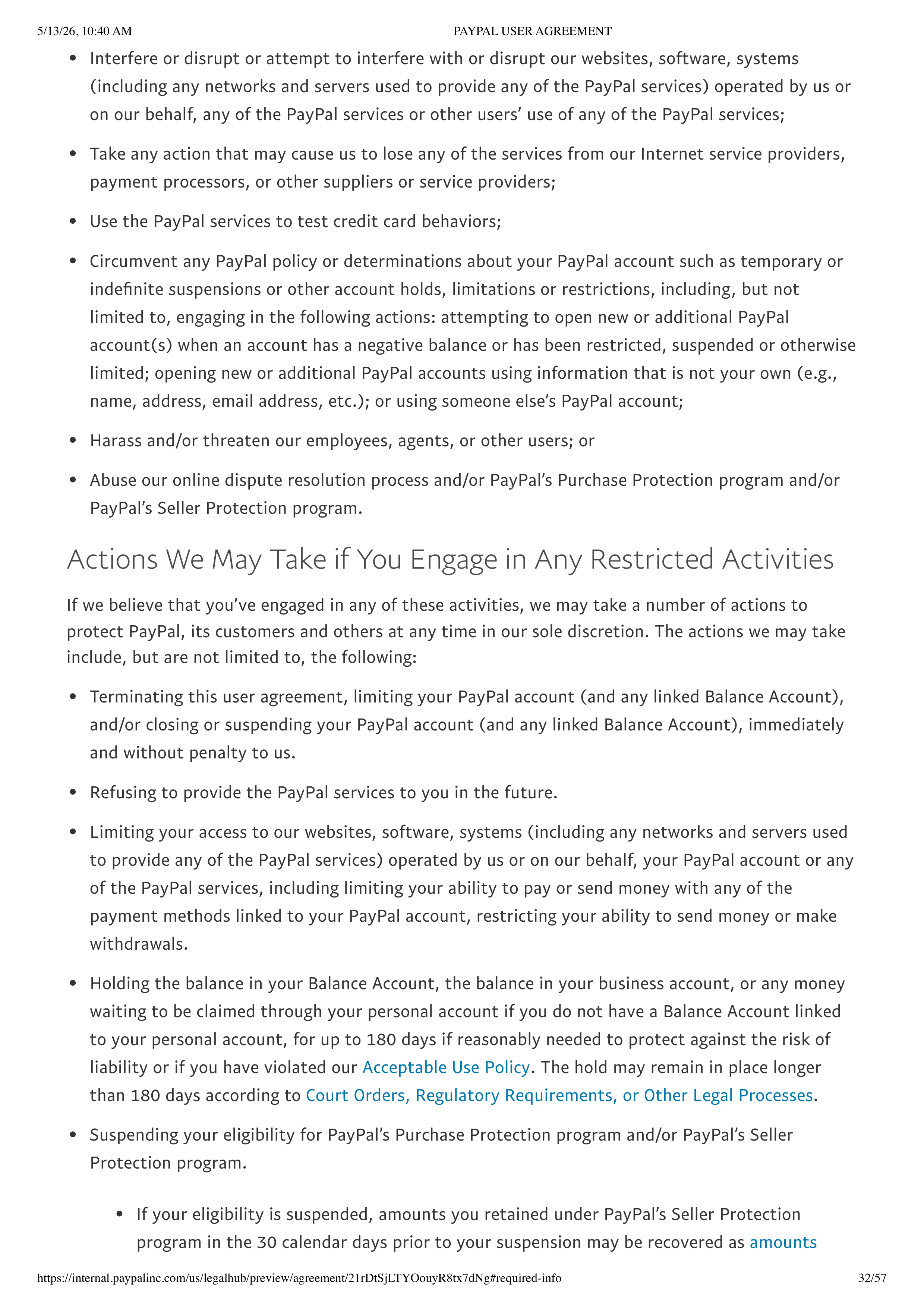 PayPal User Agreement — page 32