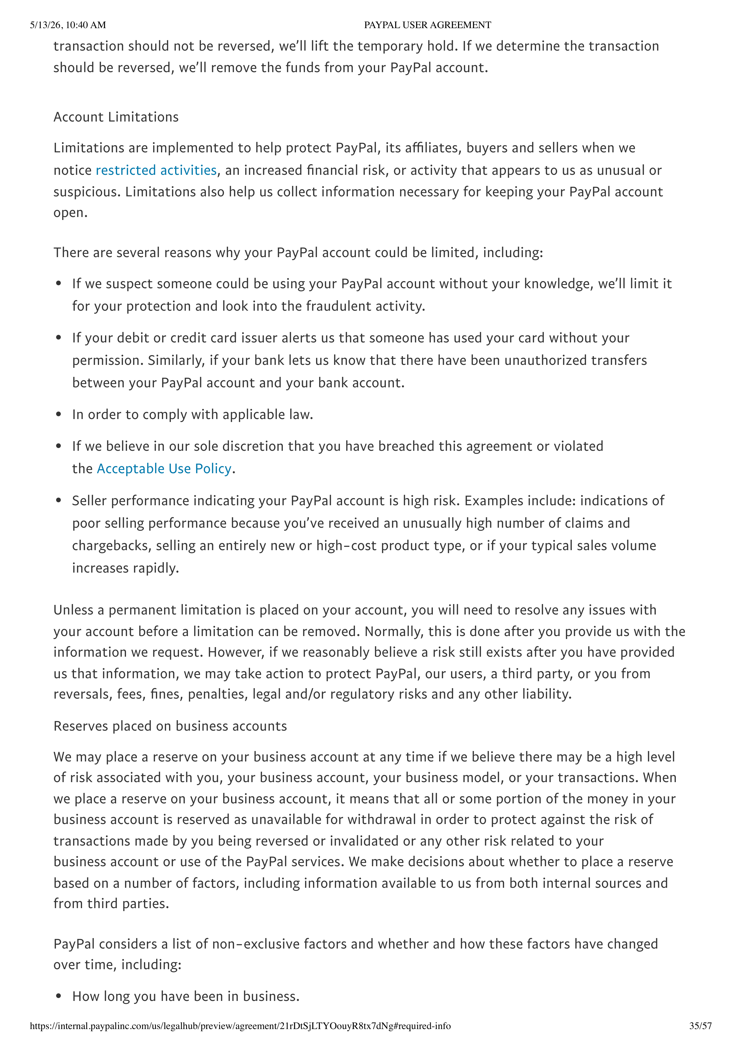 PayPal User Agreement — page 35