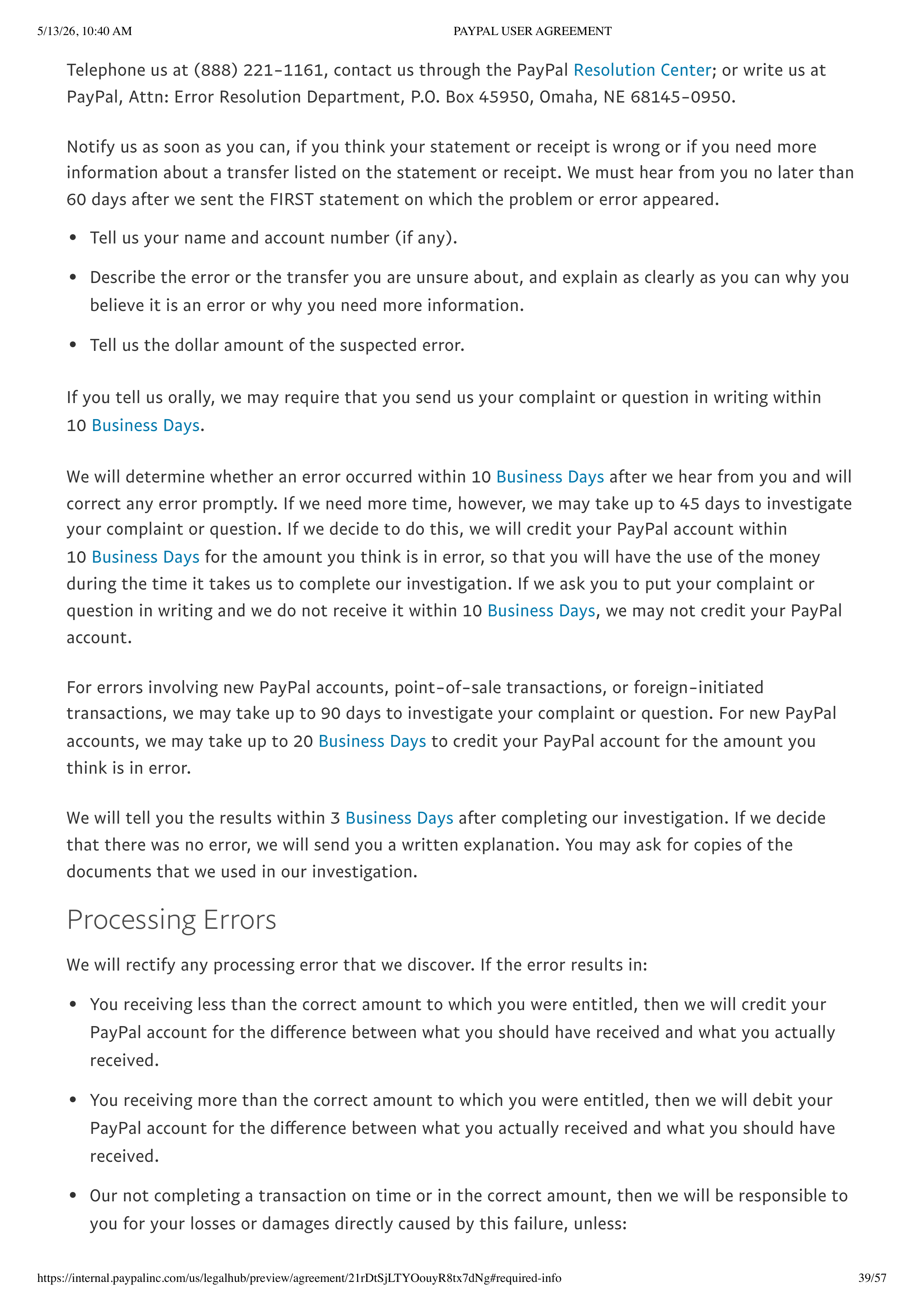 PayPal User Agreement — page 39