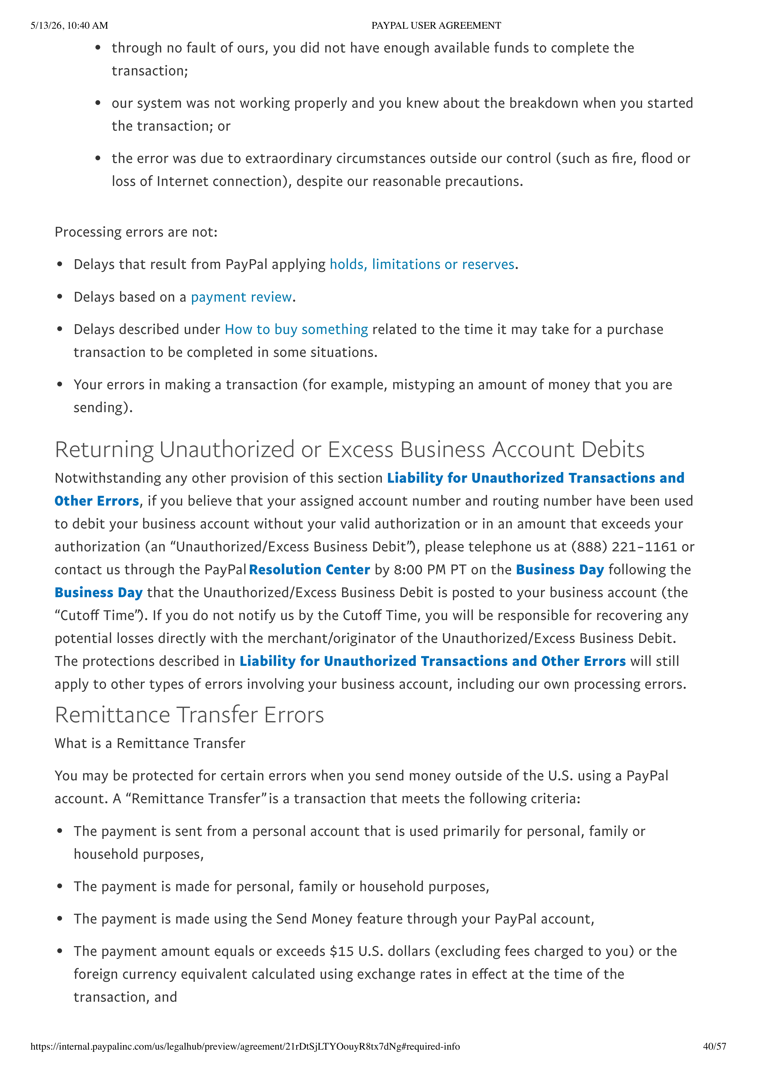 PayPal User Agreement — page 40