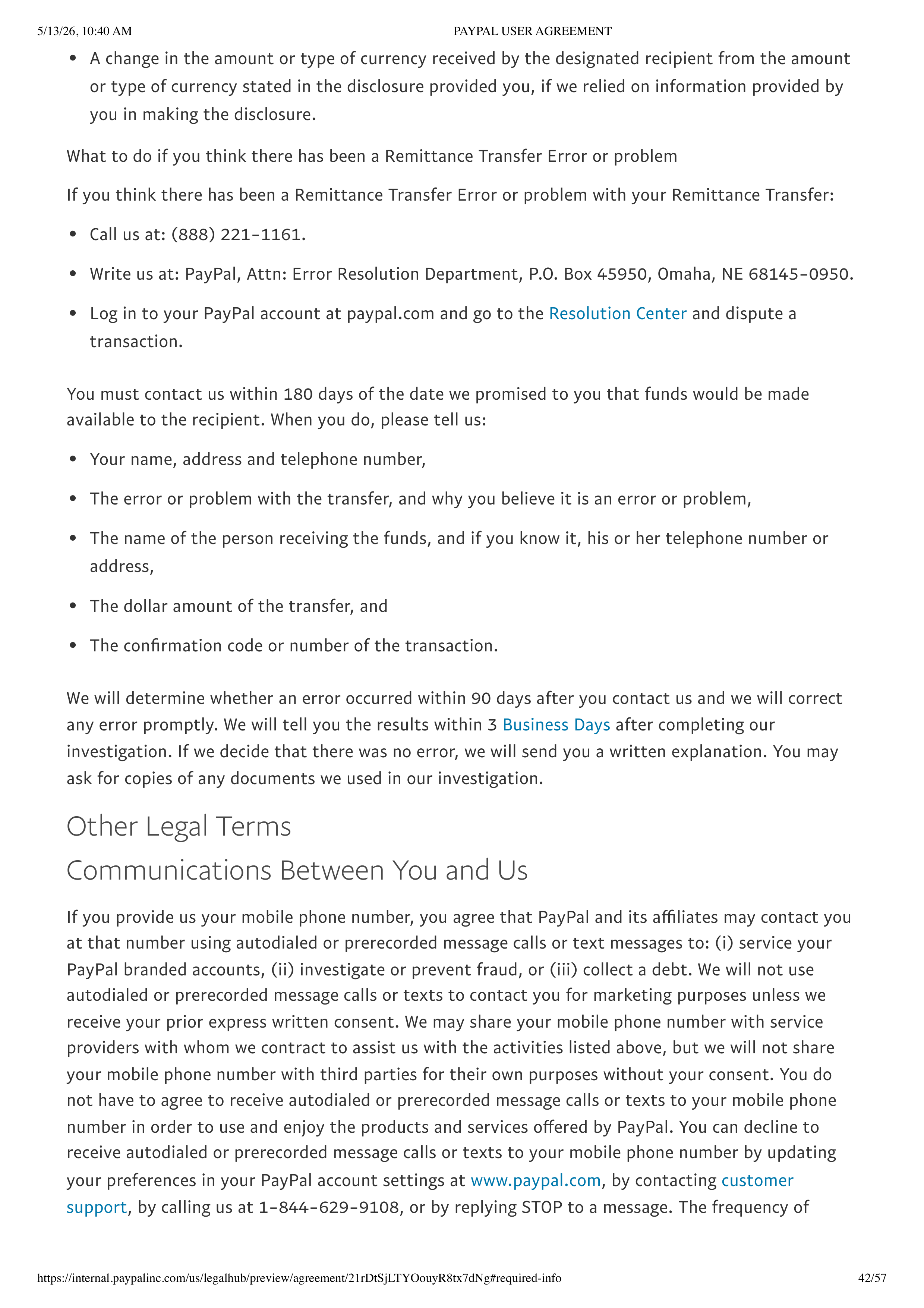 PayPal User Agreement — page 42