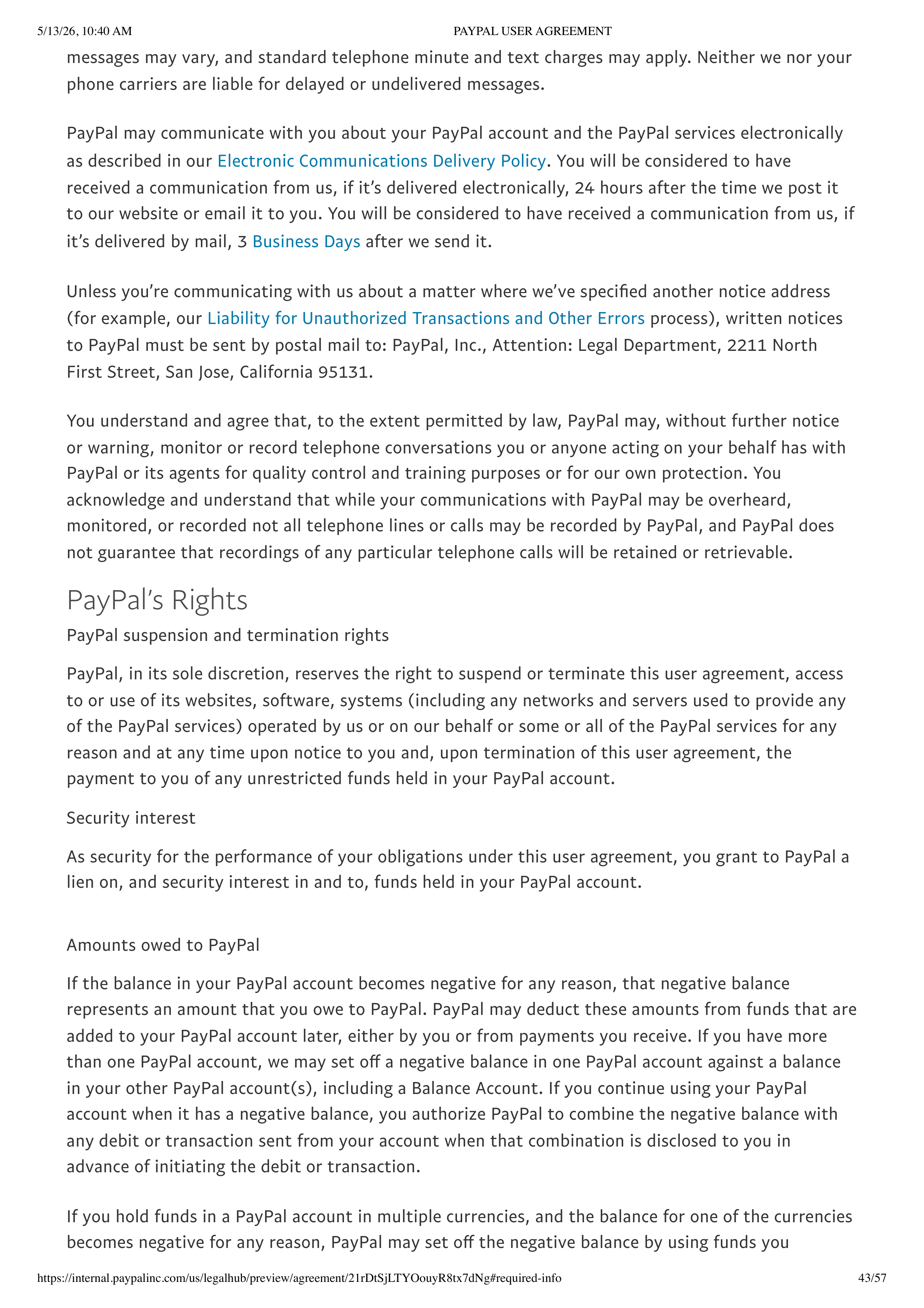 PayPal User Agreement — page 43