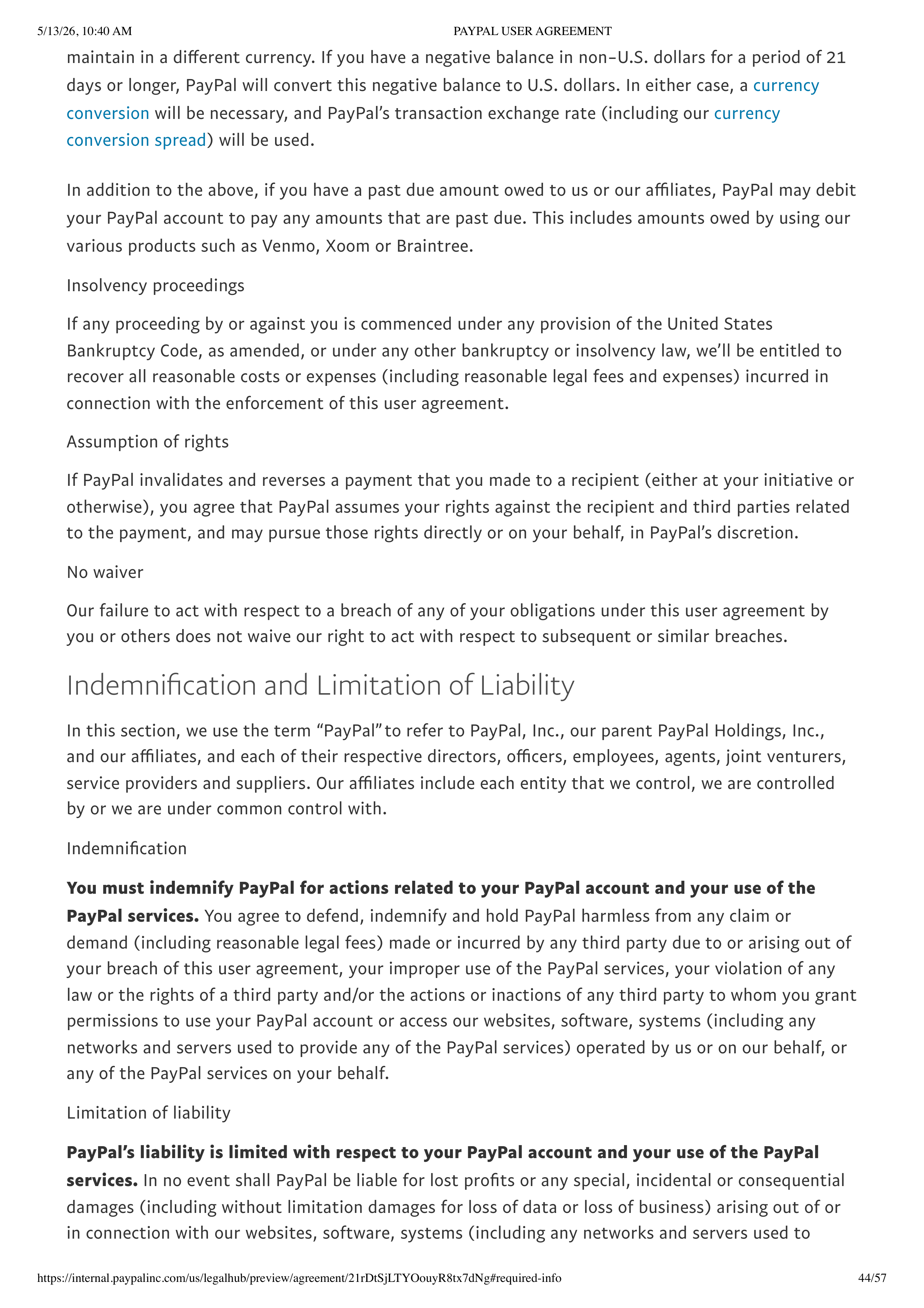 PayPal User Agreement — page 44