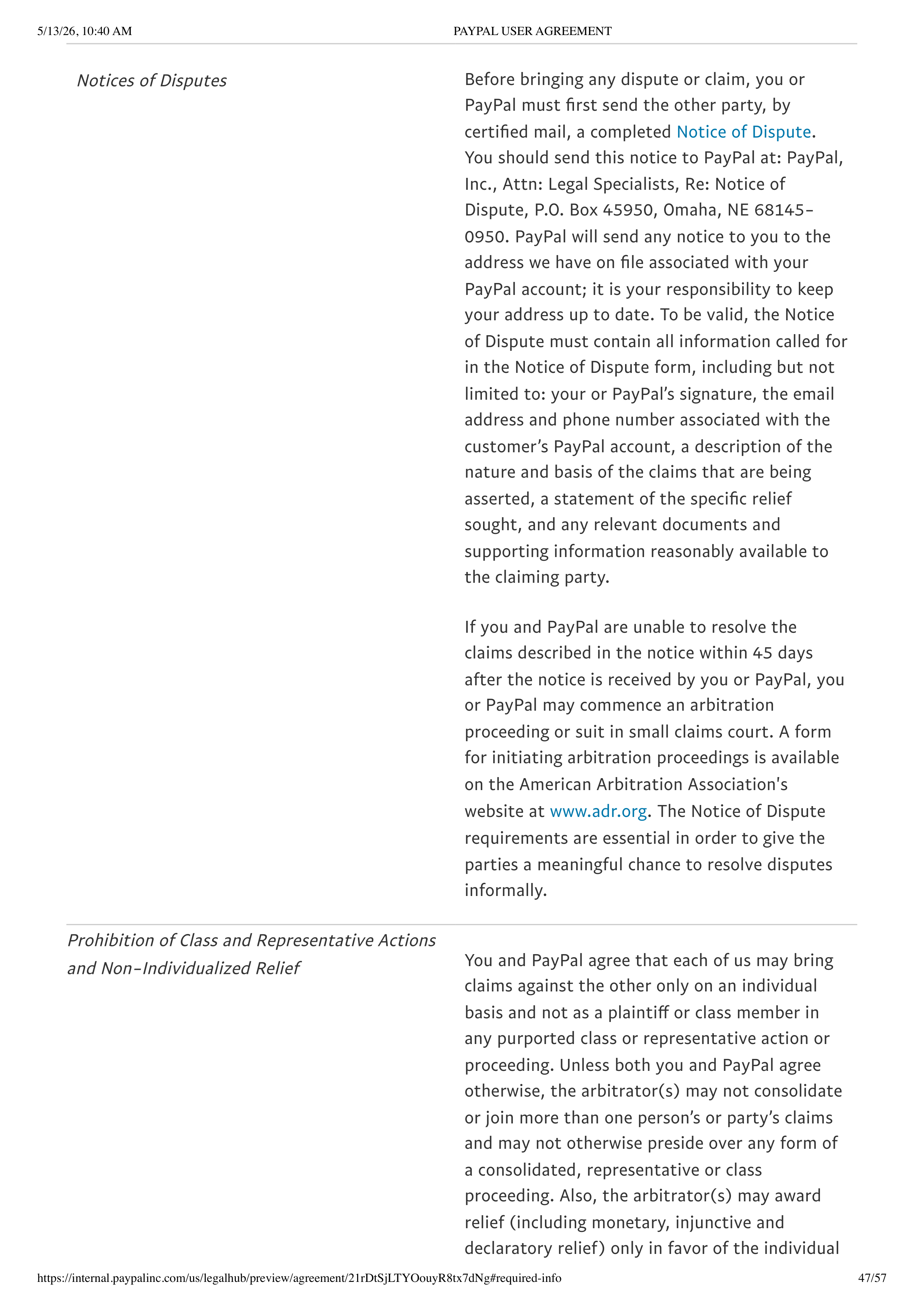 PayPal User Agreement — page 47