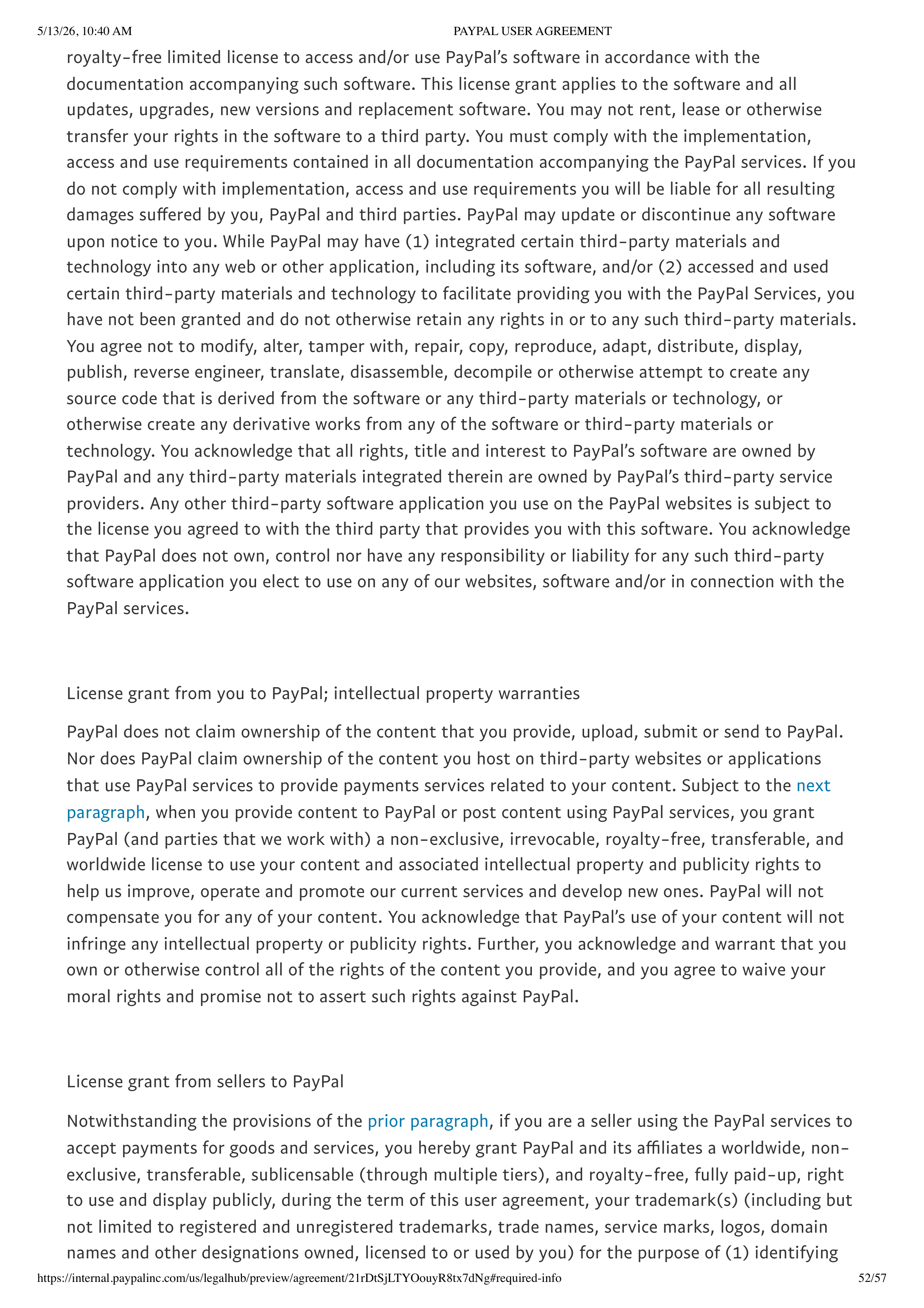 PayPal User Agreement — page 52