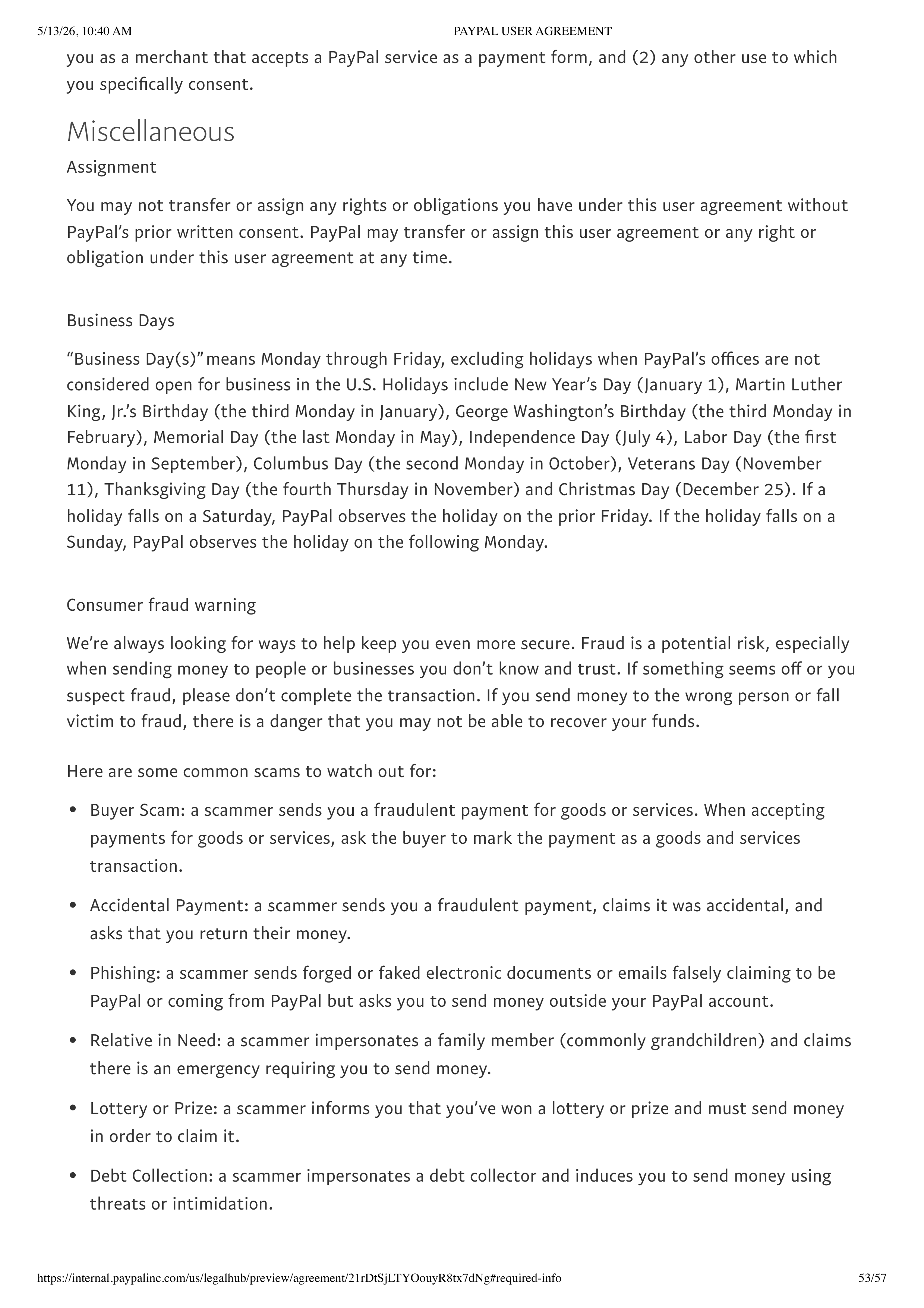 PayPal User Agreement — page 53