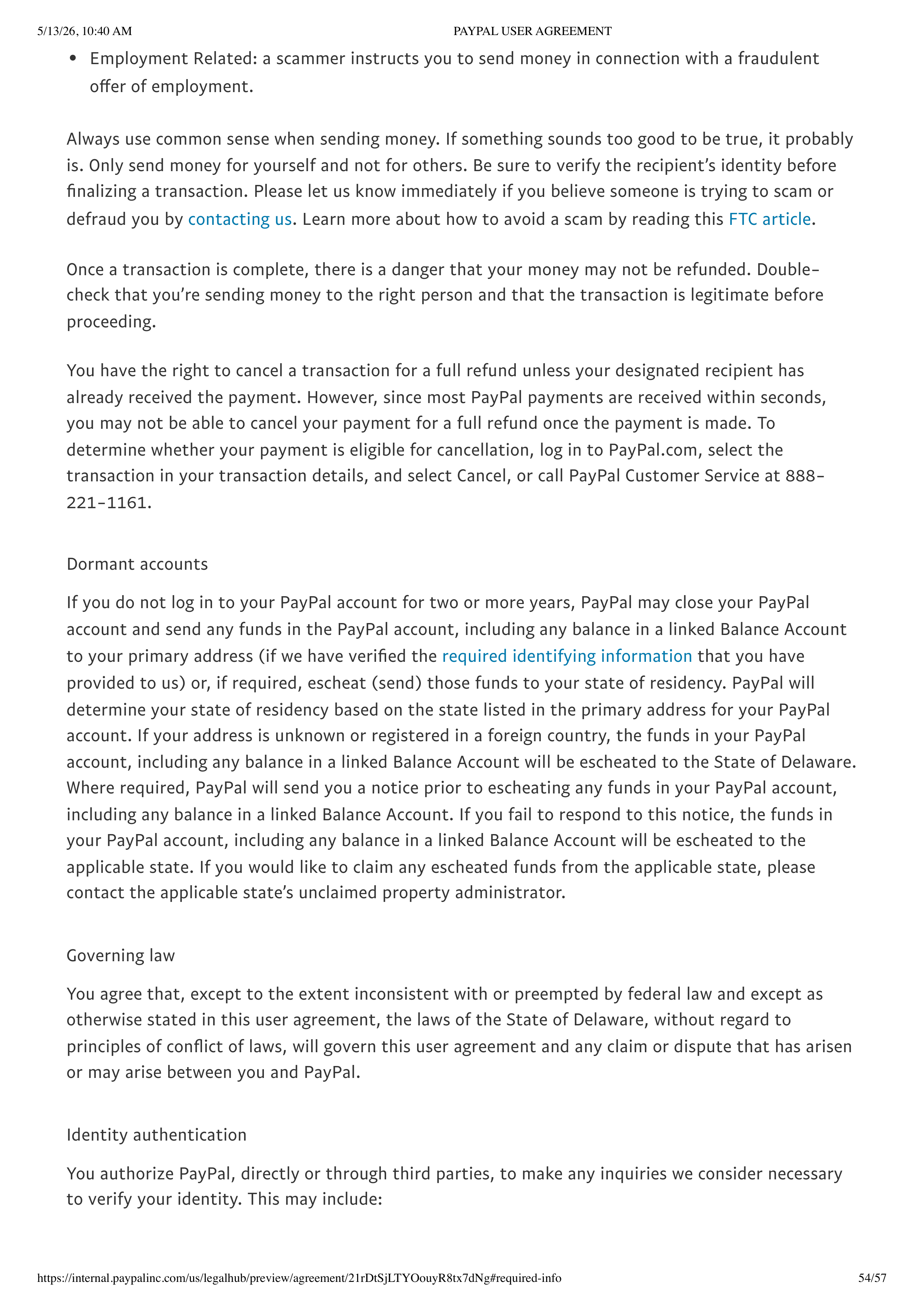 PayPal User Agreement — page 54