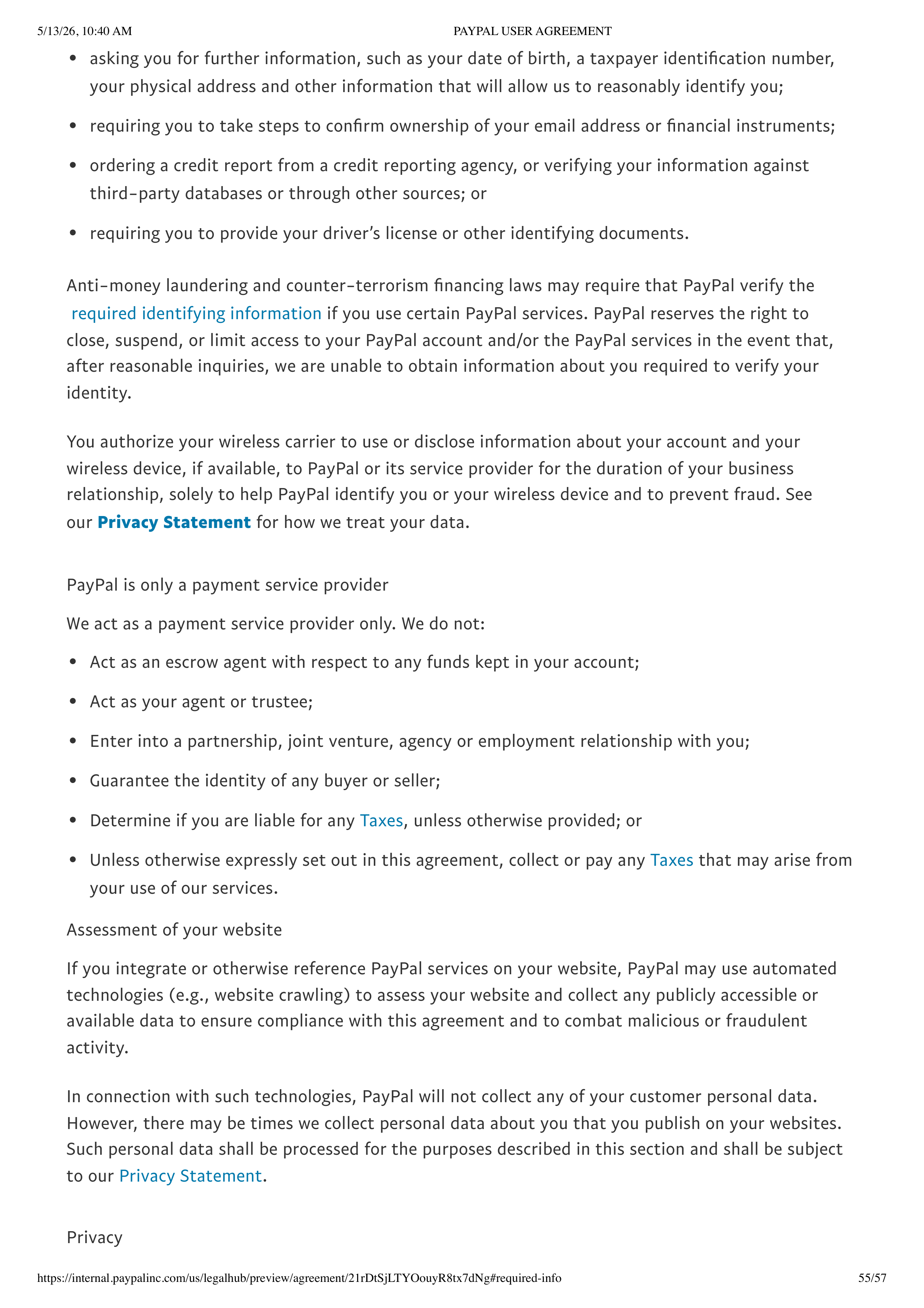 PayPal User Agreement — page 55