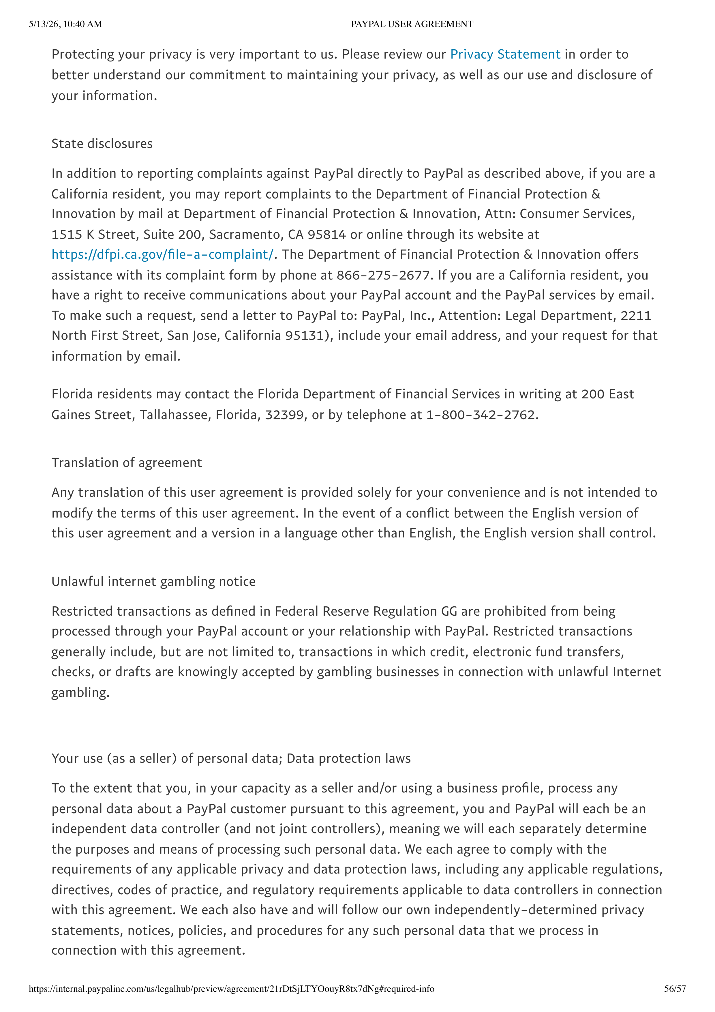 PayPal User Agreement — page 56