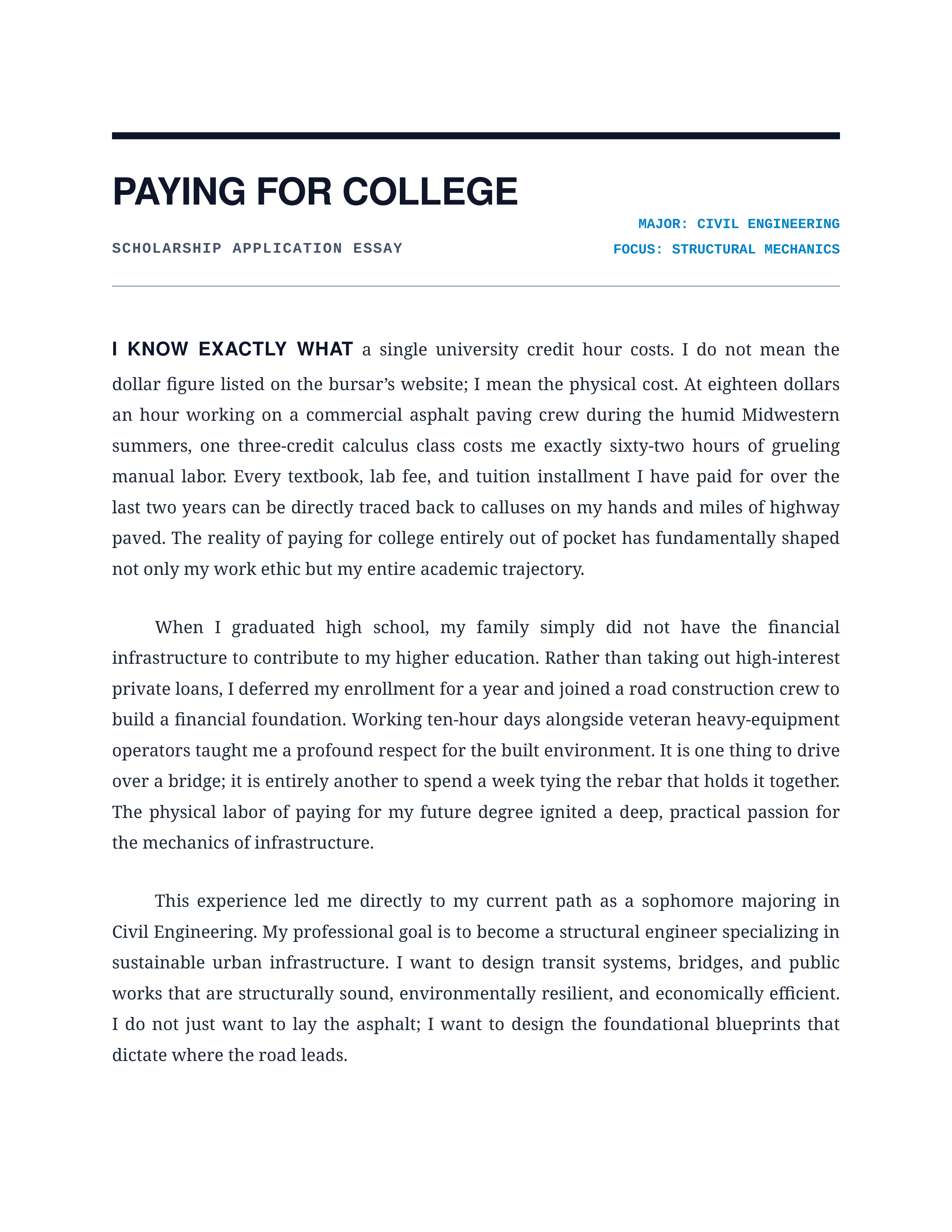 Paying for College Scholarship Essay — page 1