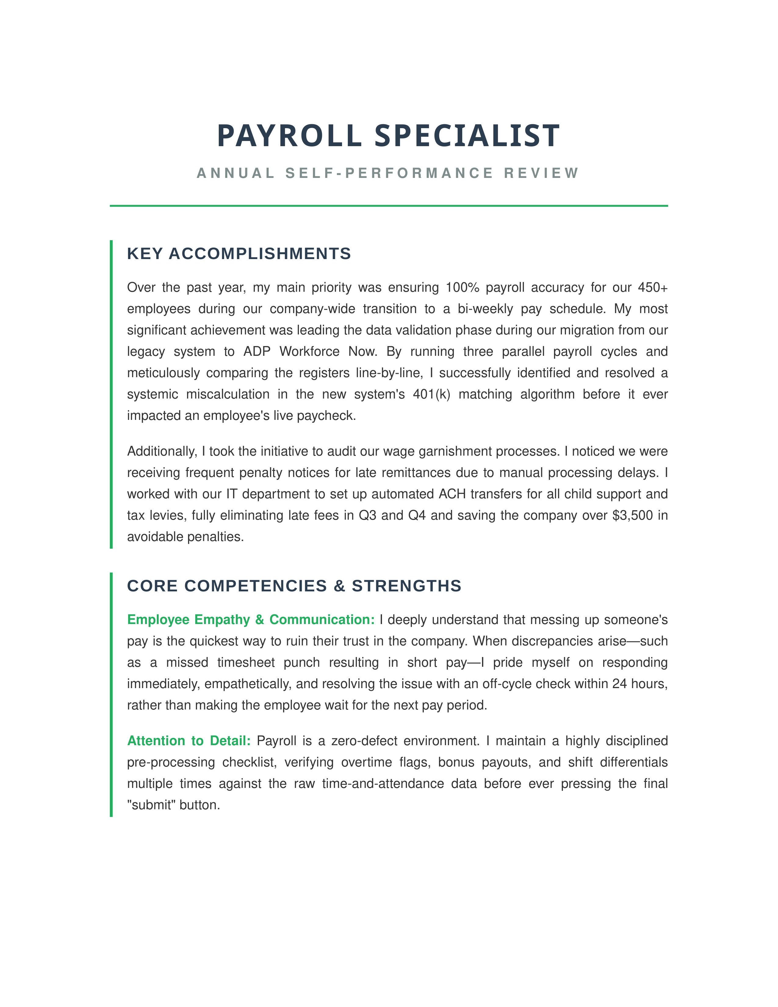 Payroll Specialist Self Performance Review — page 1