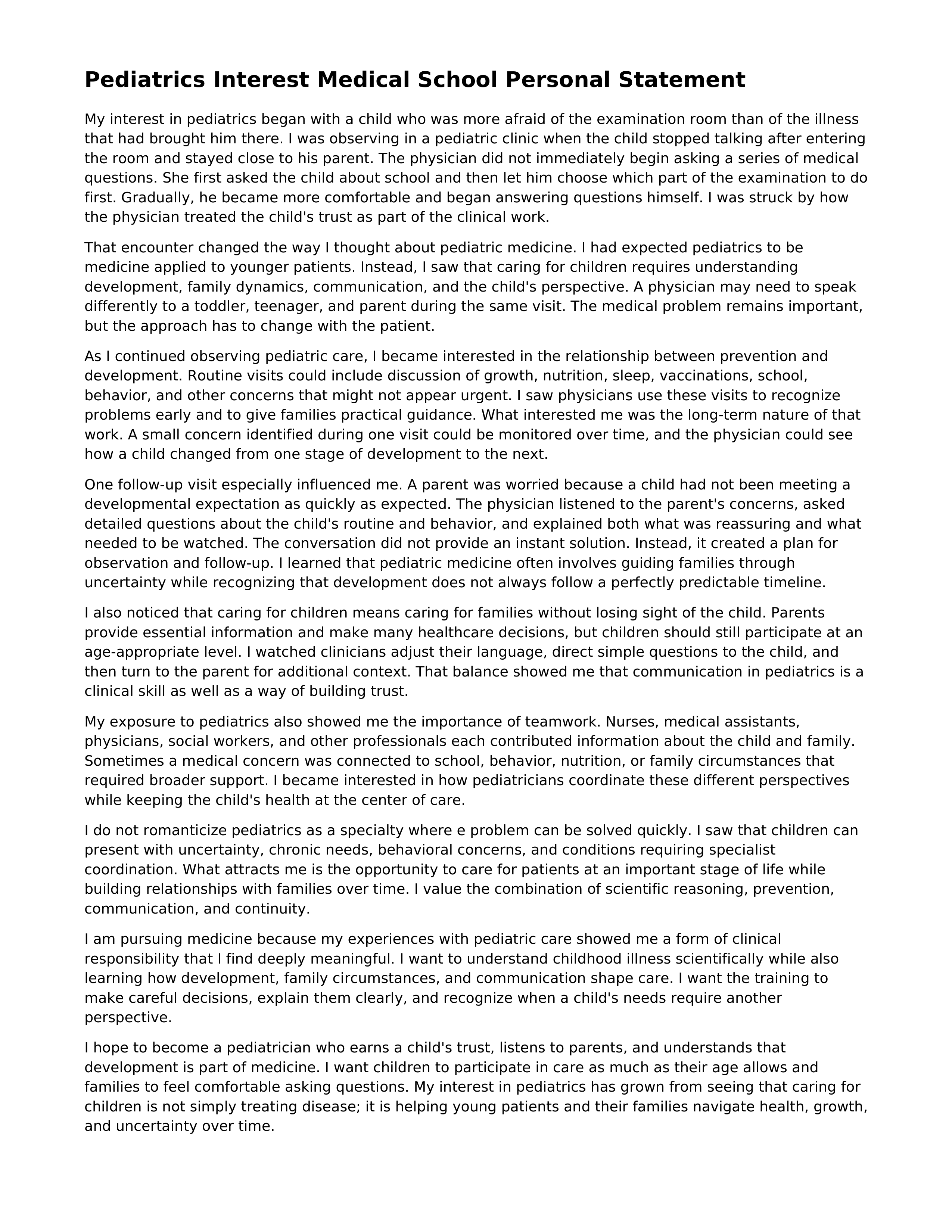 Pediatrics Interest Medical School Personal Statement — page 1
