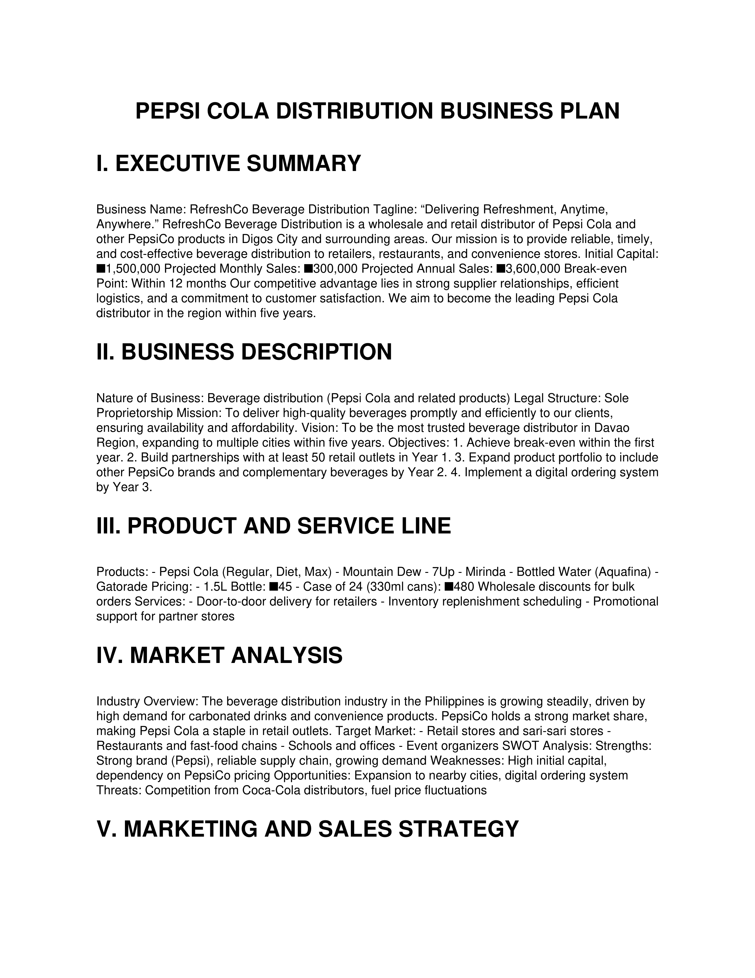 Pepsi Cola Business Plan  — page 1