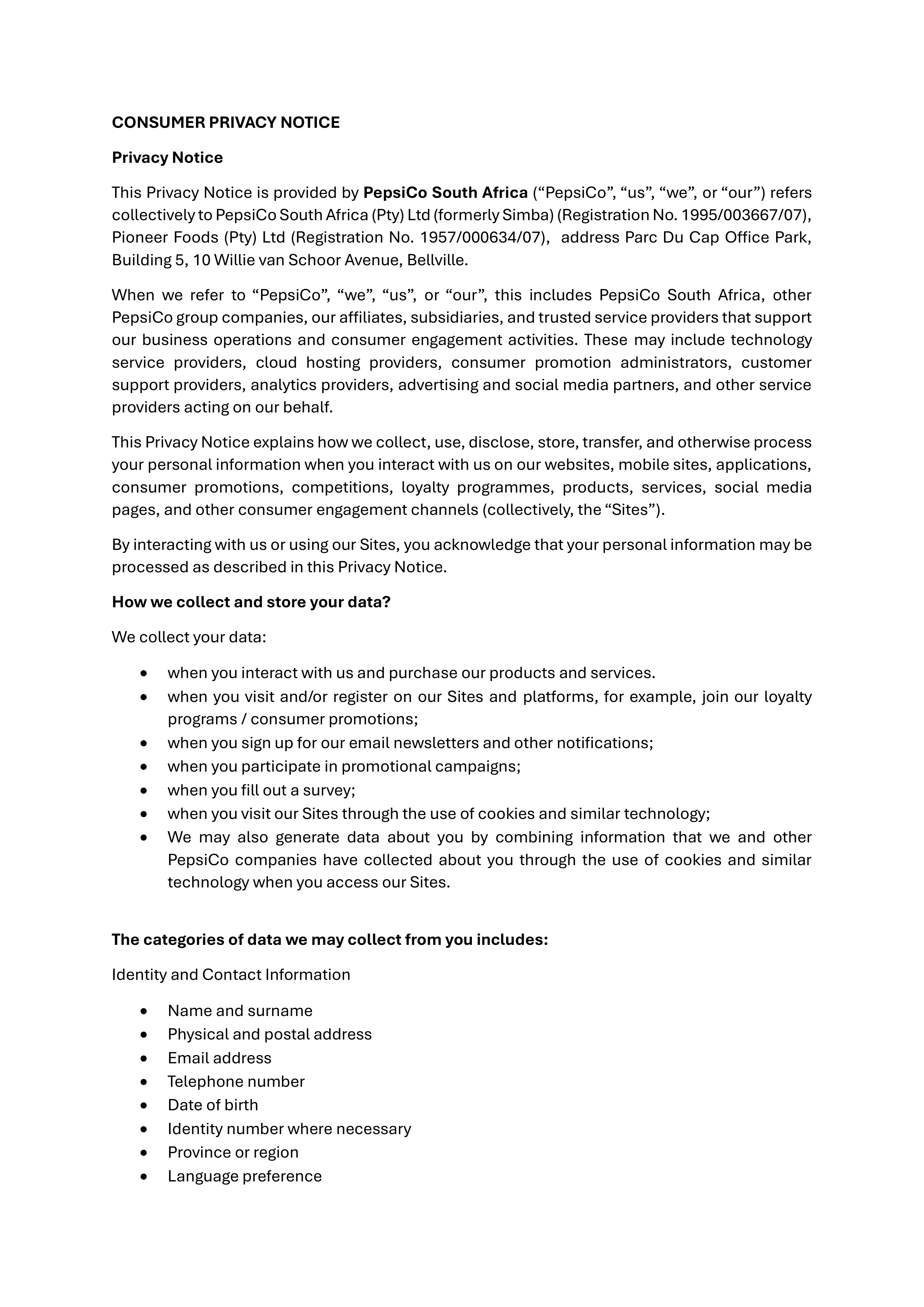 PepsiCo Consumer Privacy Notice — page 1