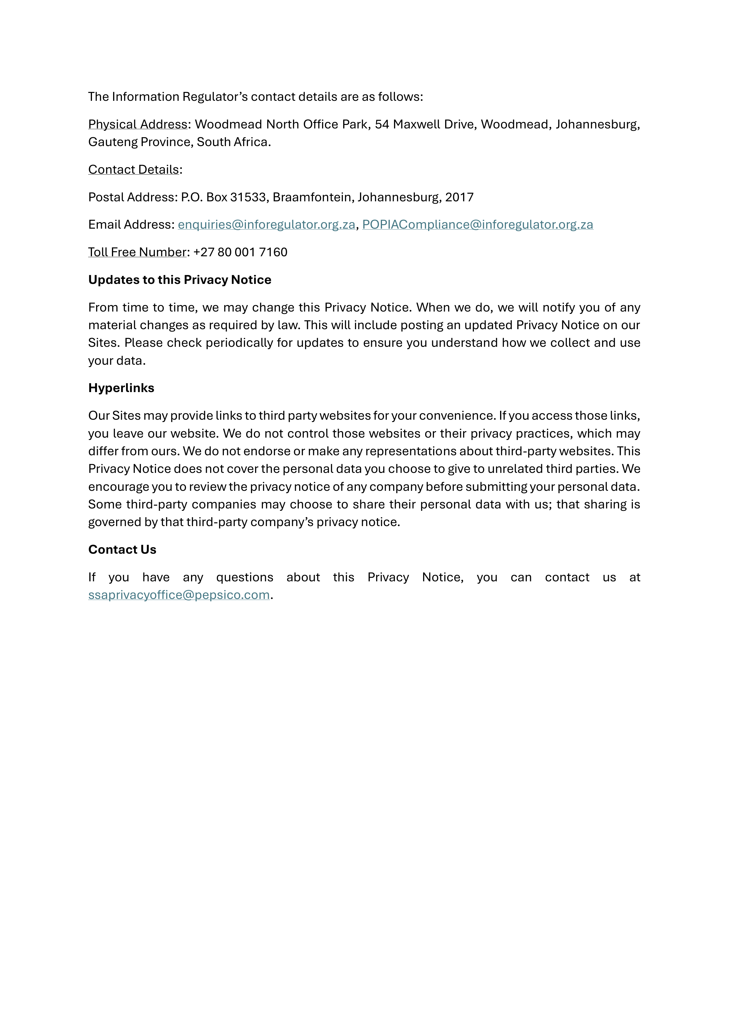 PepsiCo Consumer Privacy Notice — page 6