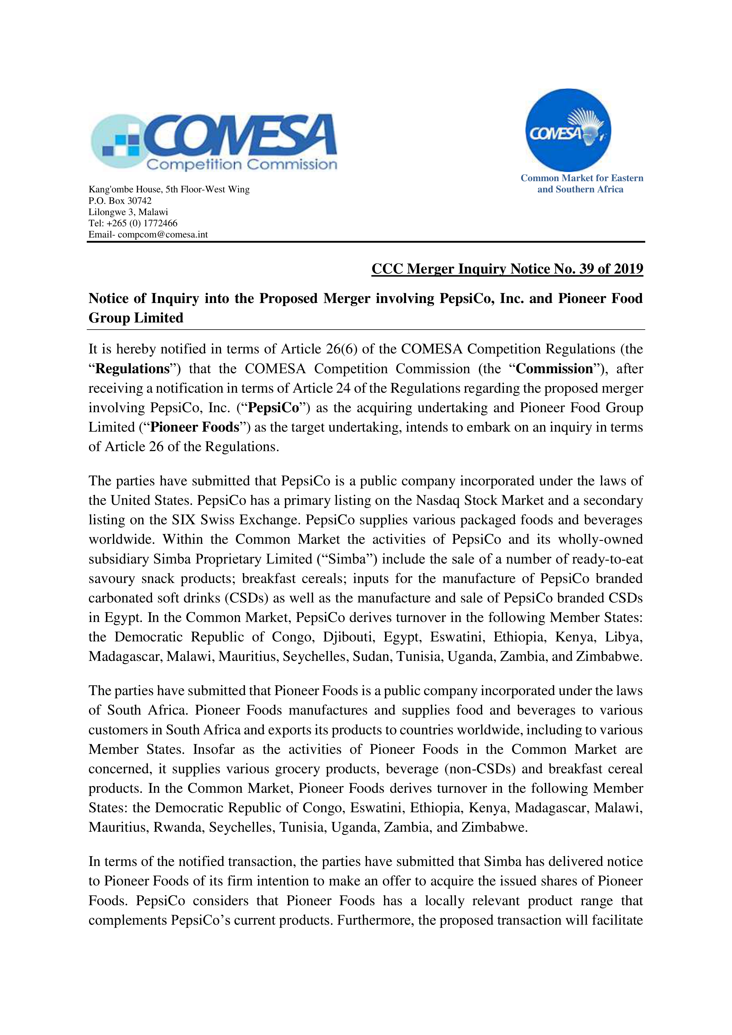 PepsiCo Pioneer Foods Merger Inquiry Notice — page 1