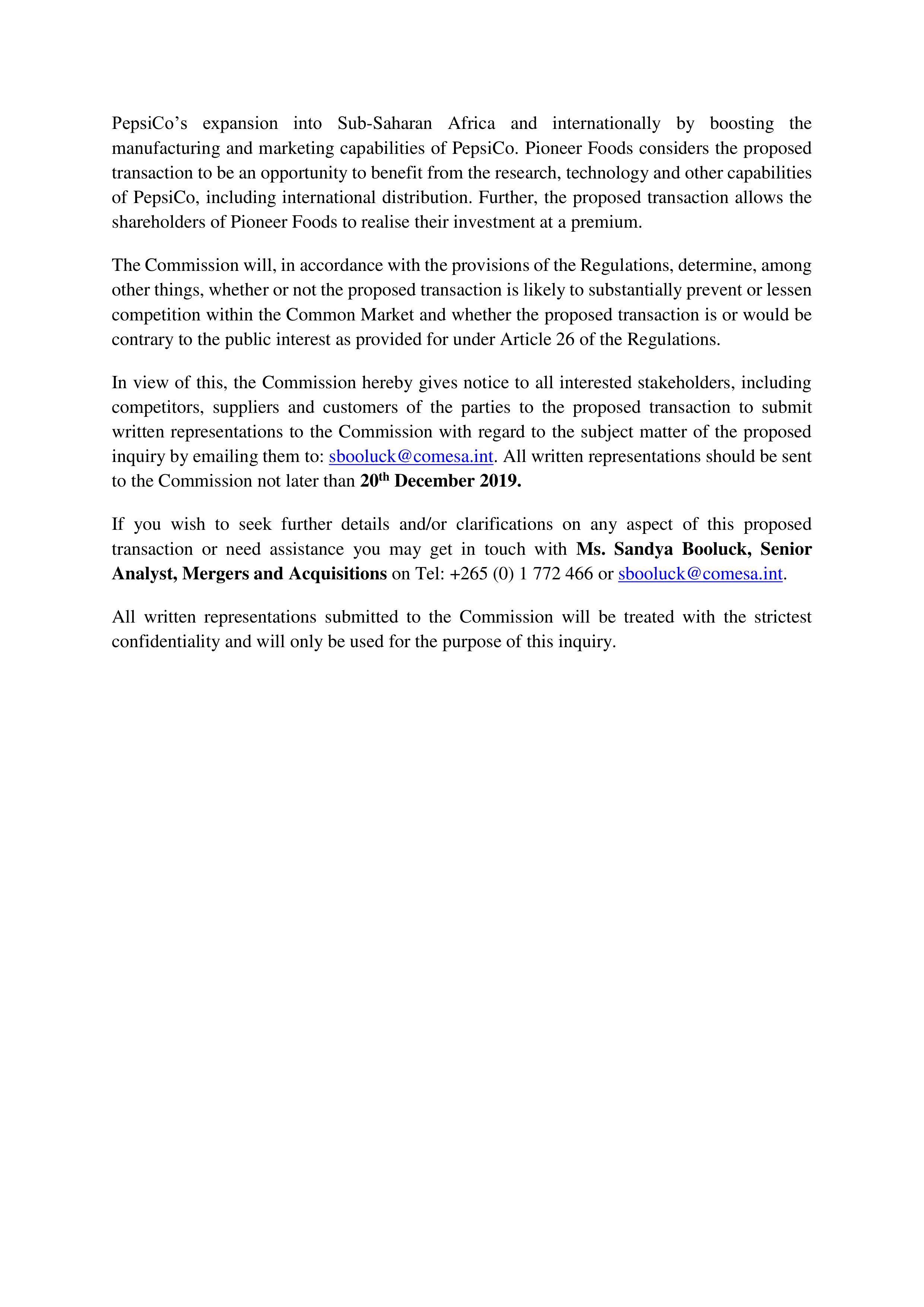 PepsiCo Pioneer Foods Merger Inquiry Notice — page 2