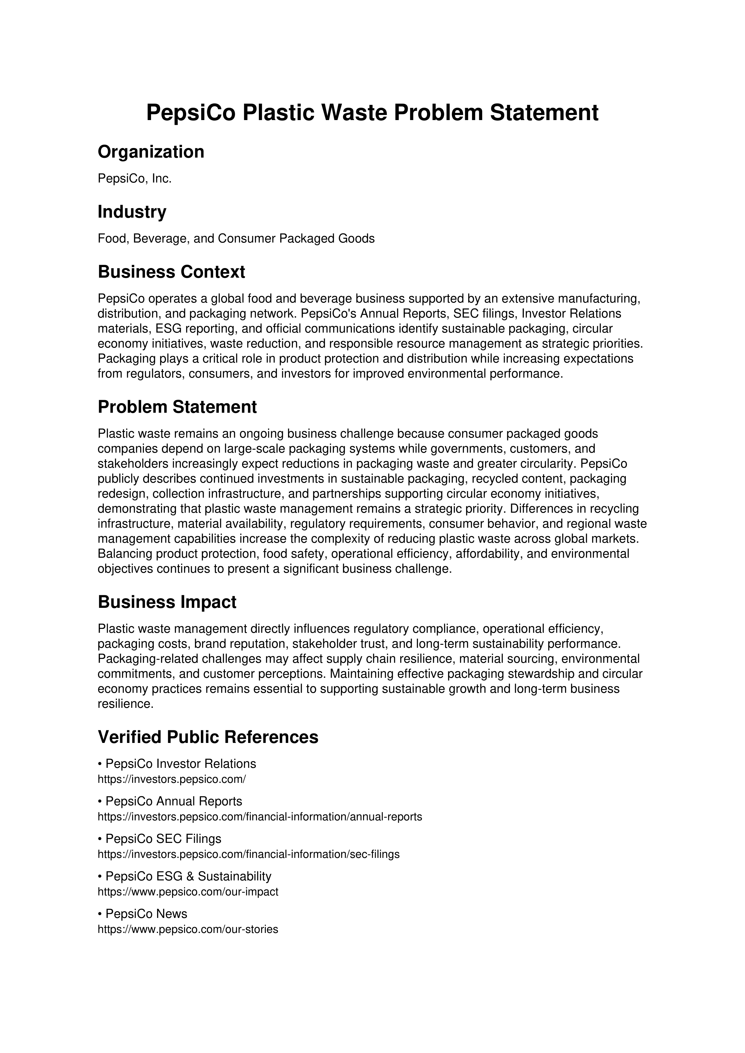 PepsiCo Plastic Waste Problem Statement — page 1